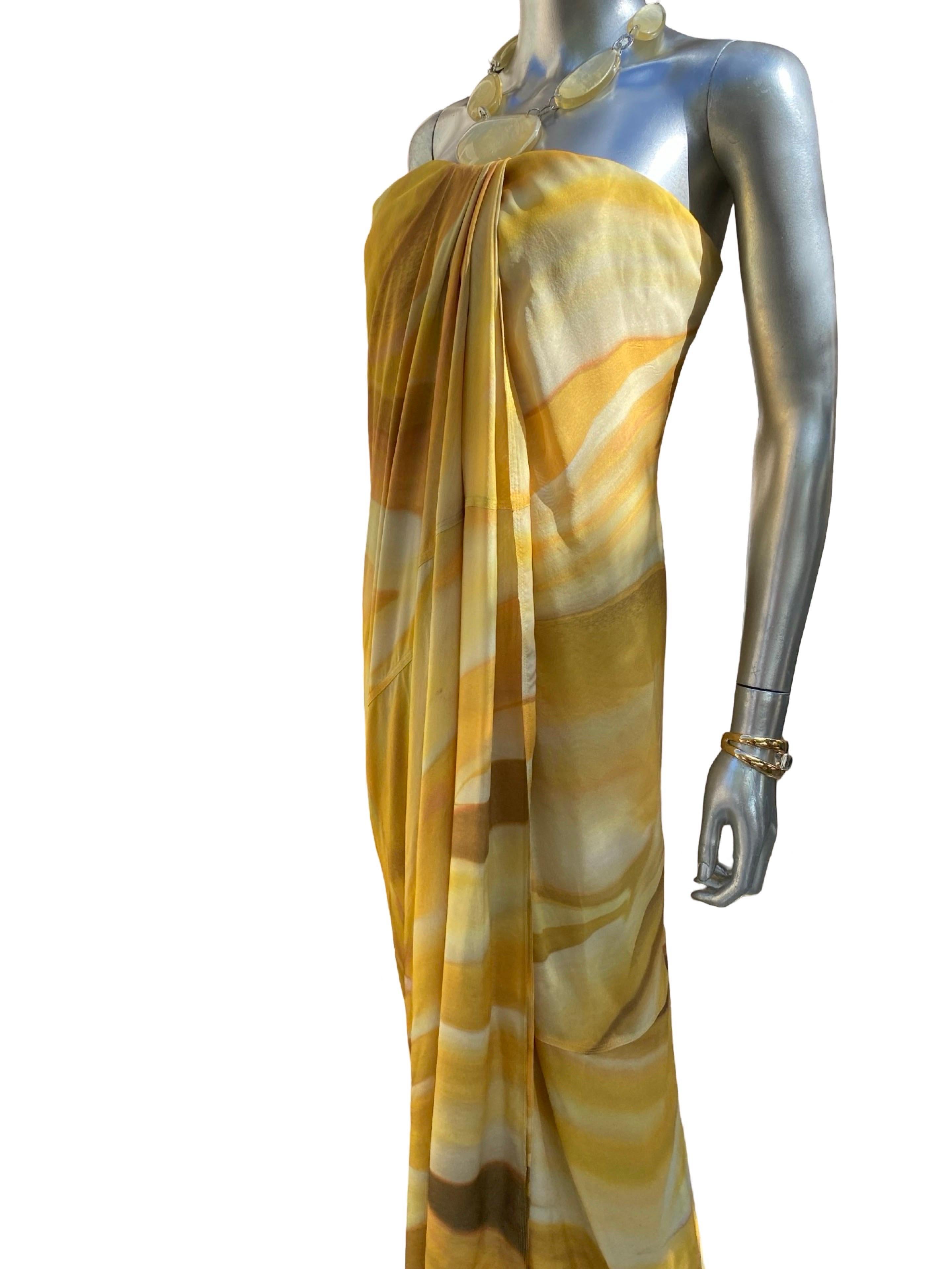 Kaufmanfranco Silk Gold Print Strapless Draped Abstract Floral Dress Size 4 5