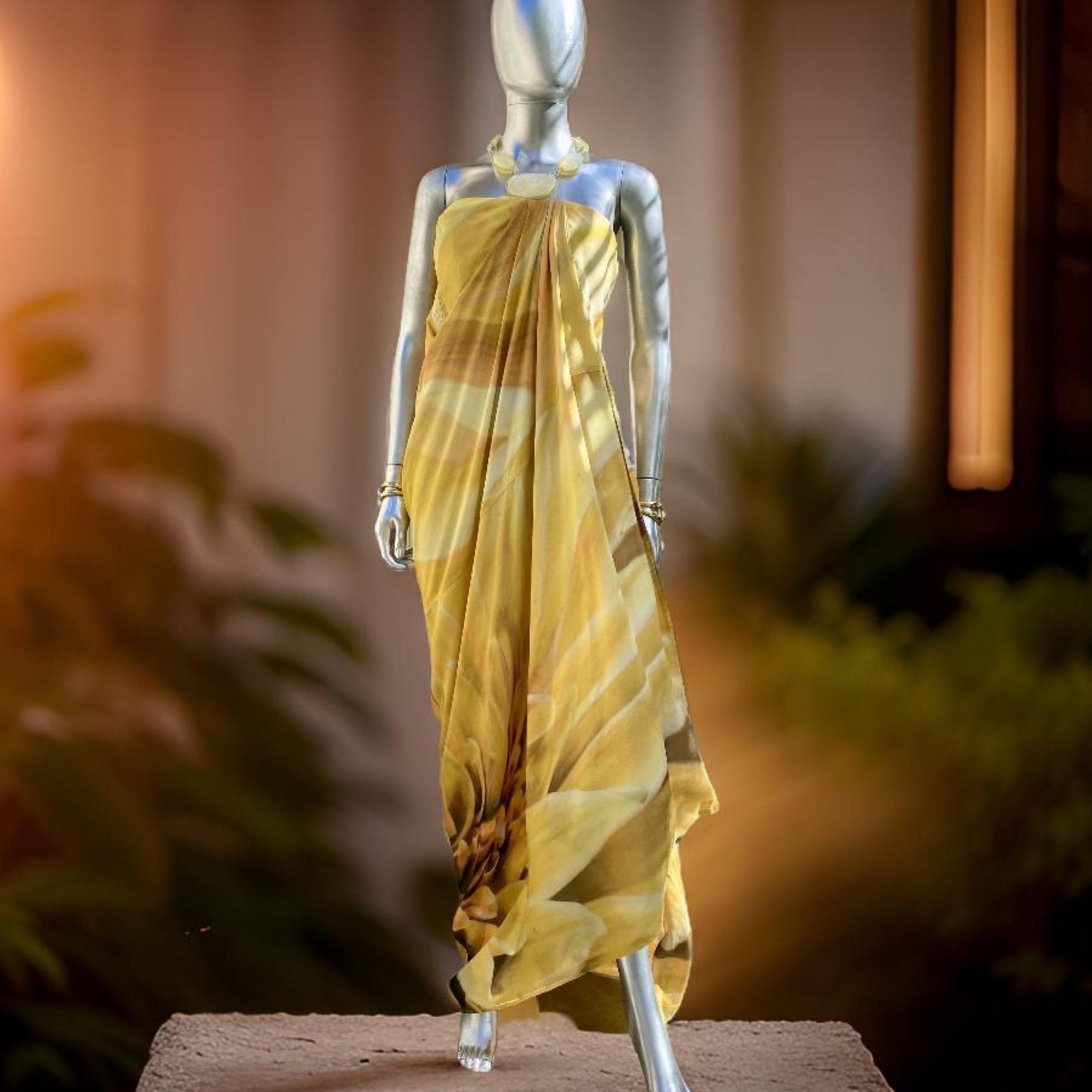 Kaufmanfranco Silk Gold Print Strapless Draped Abstract Floral Dress Size 4 9