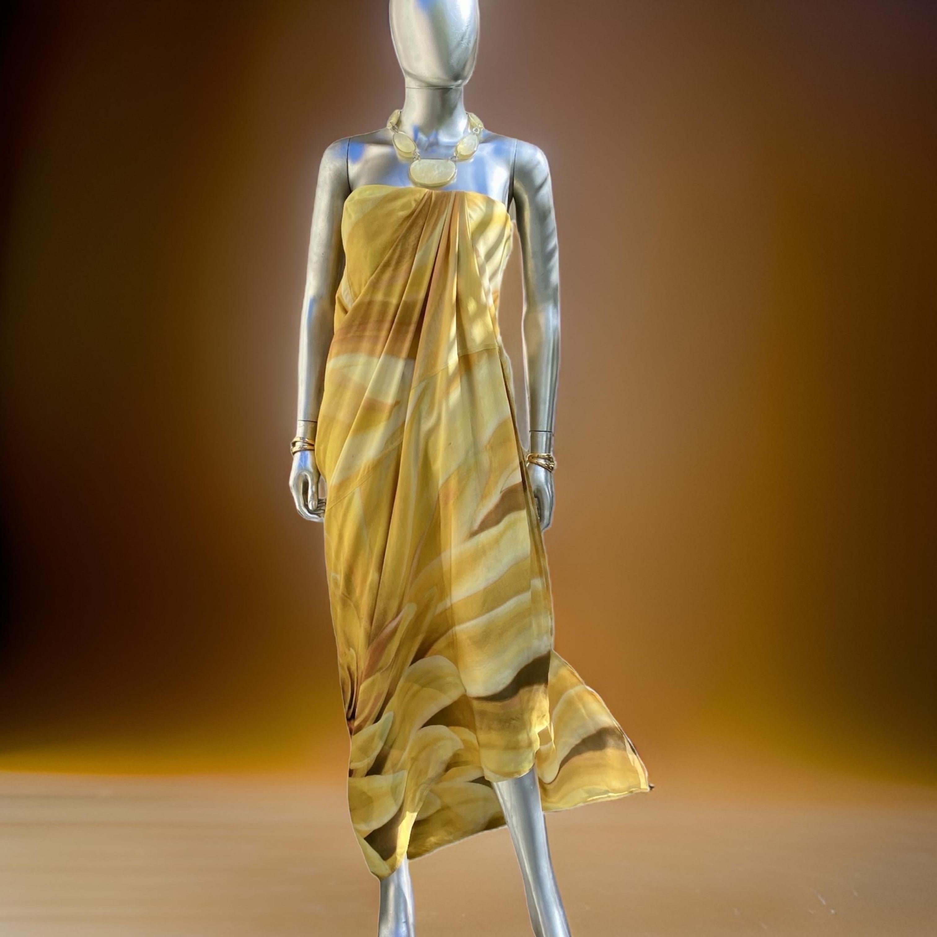 Kaufmanfranco Silk Gold Print Strapless Draped Abstract Floral Dress Size 4 10
