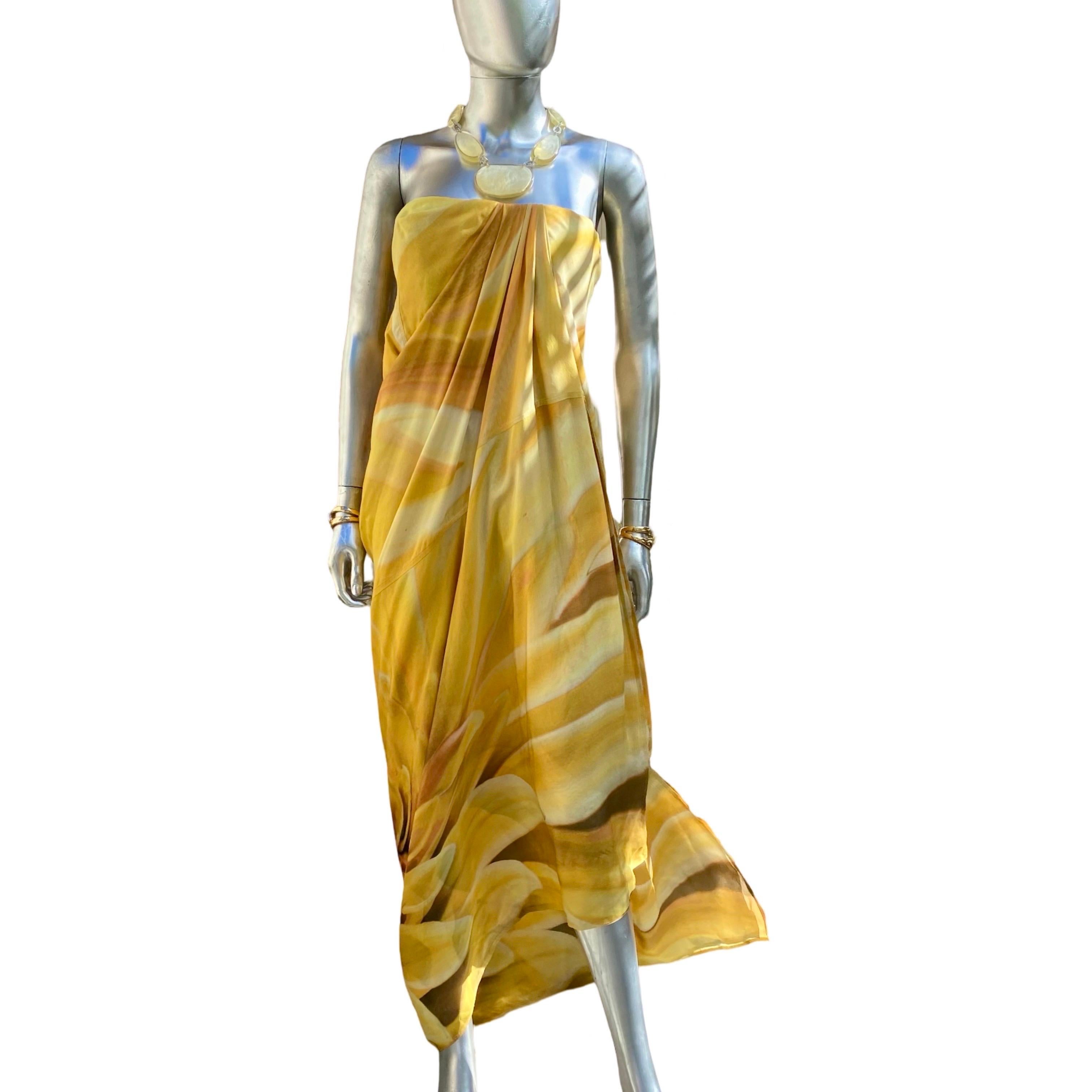Brown Kaufmanfranco Silk Gold Print Strapless Draped Abstract Floral Dress Size 4