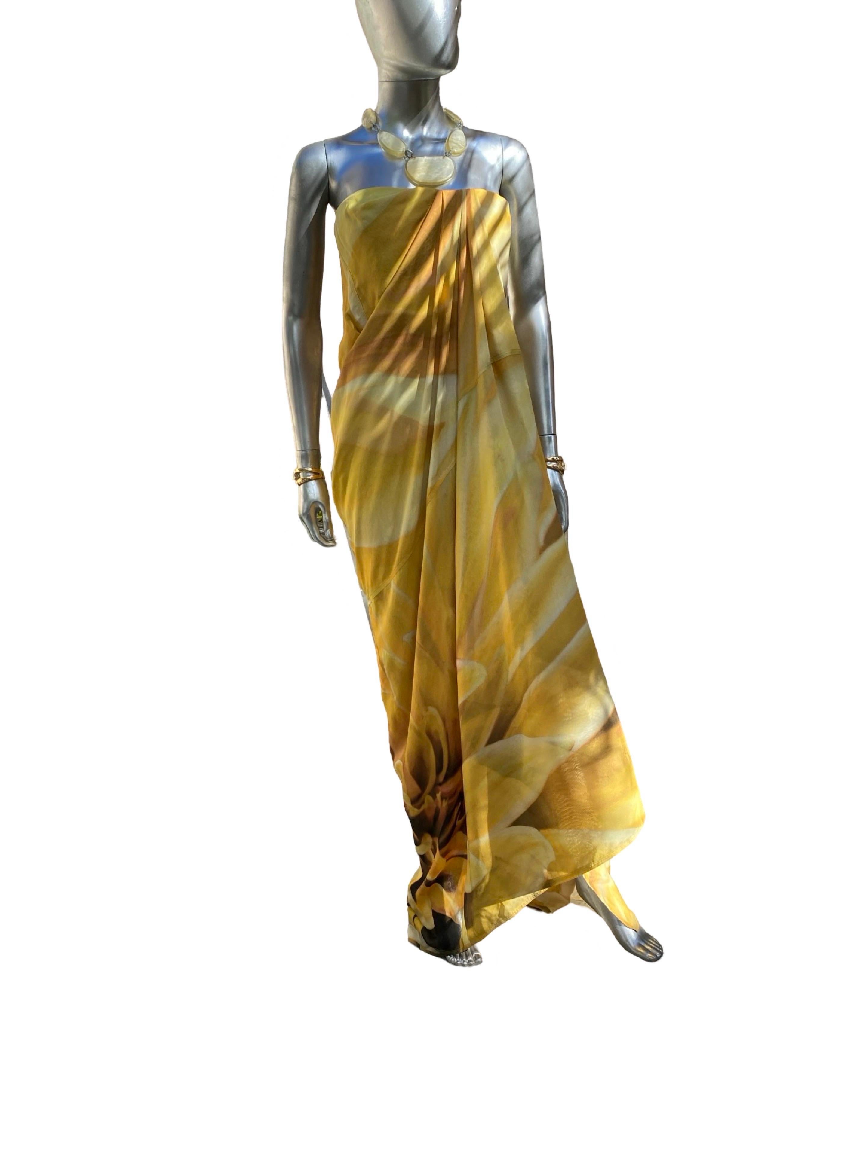 Women's Kaufmanfranco Silk Gold Print Strapless Draped Abstract Floral Dress Size 4