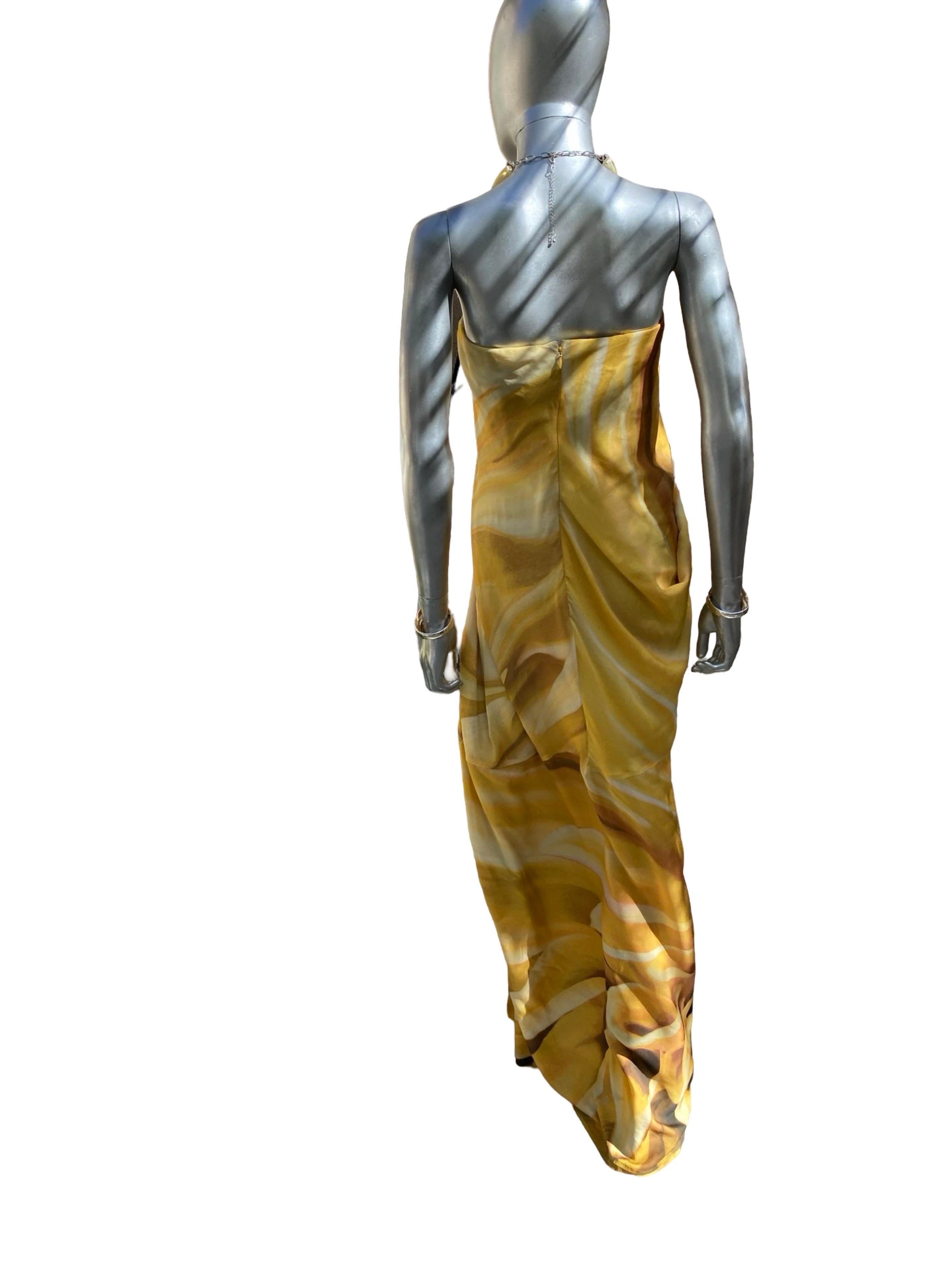 Kaufmanfranco Silk Gold Print Strapless Draped Abstract Floral Dress Size 4 1