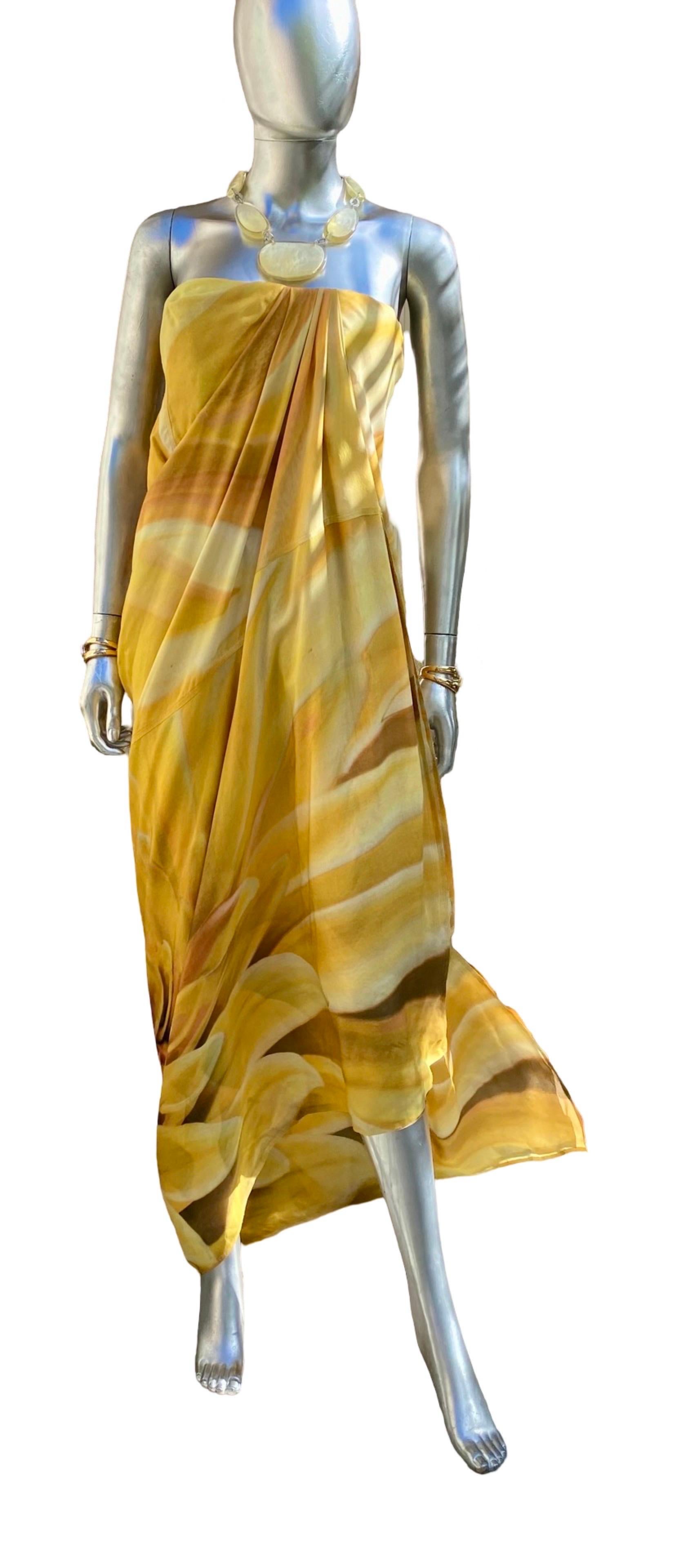 Kaufmanfranco Silk Gold Print Strapless Draped Abstract Floral Dress Size 4 2