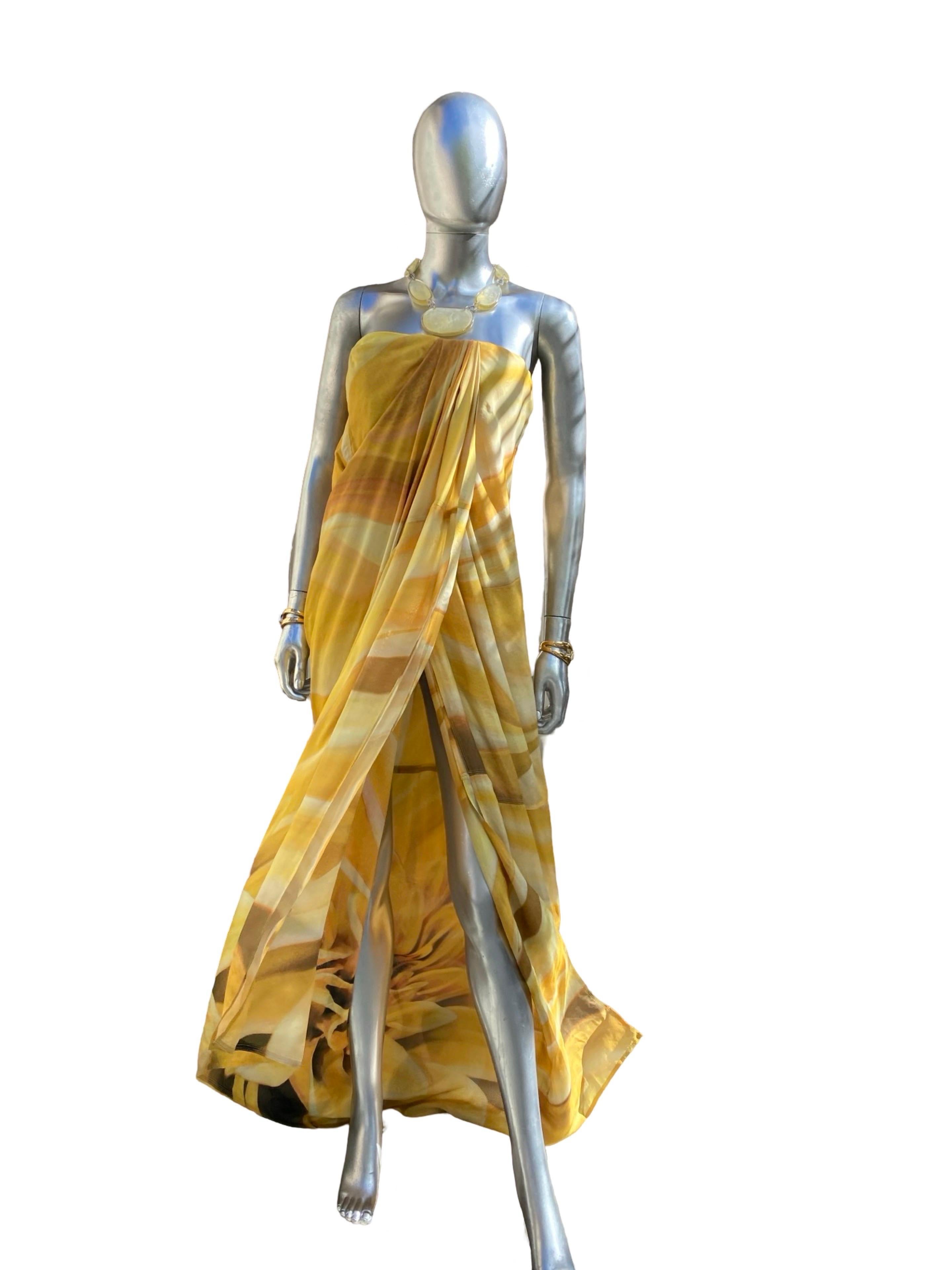 Kaufmanfranco Silk Gold Print Strapless Draped Abstract Floral Dress Size 4 4