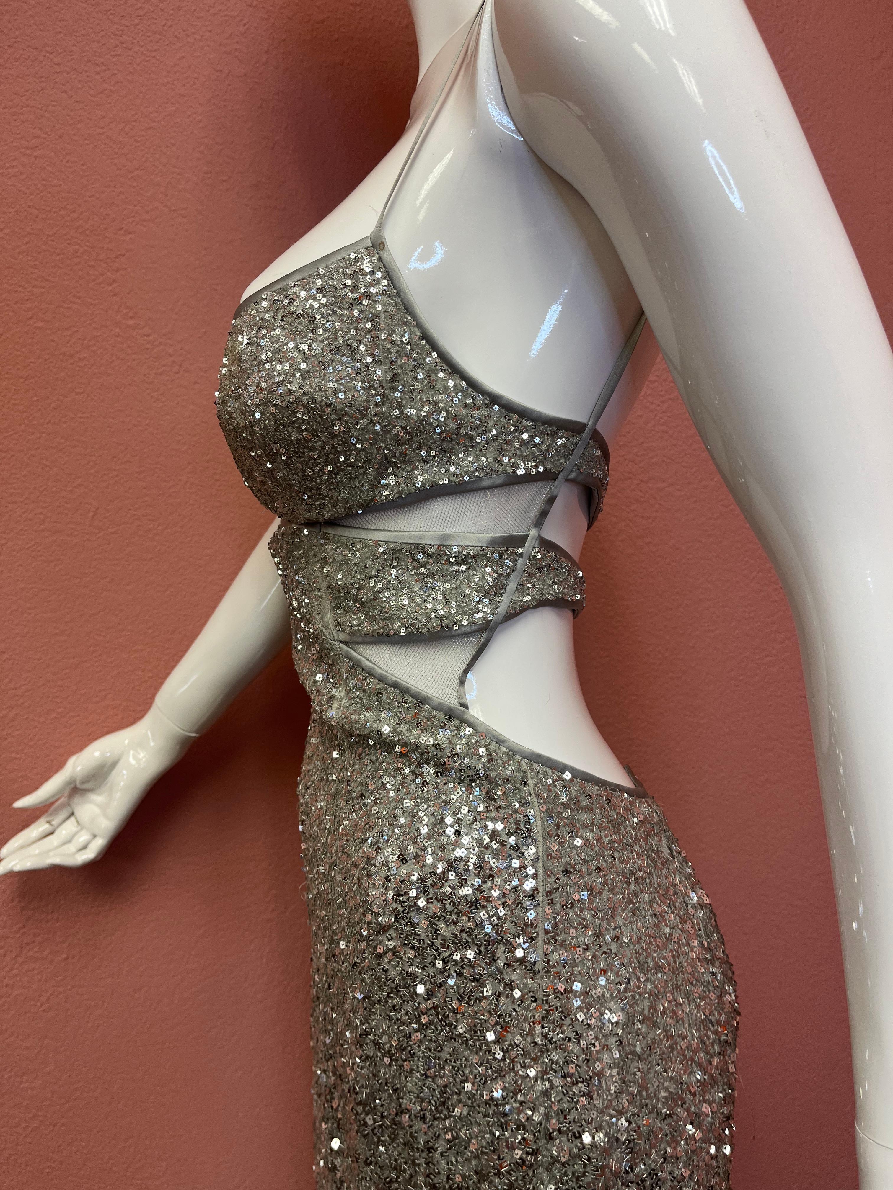 Kaufmanfranco Silver Sequin Cocktail Dress  For Sale 6