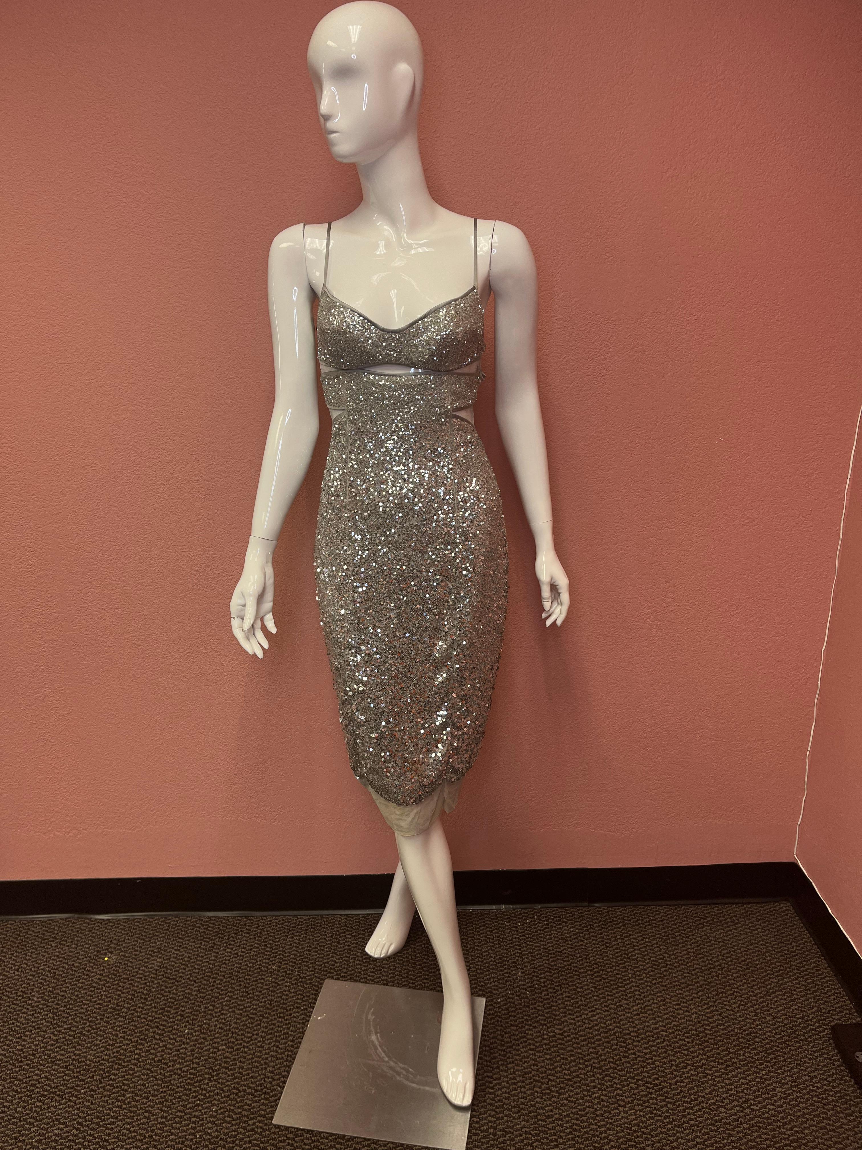 Kaufmanfranco Silver Sequin Cocktail Dress  For Sale 7