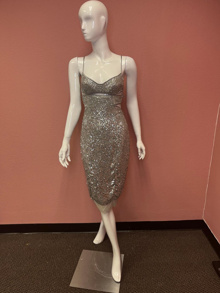 kaufman franco silver dress Kaufmanfranco Silver Sequin Cocktail Dress For Sale at 1stDibs