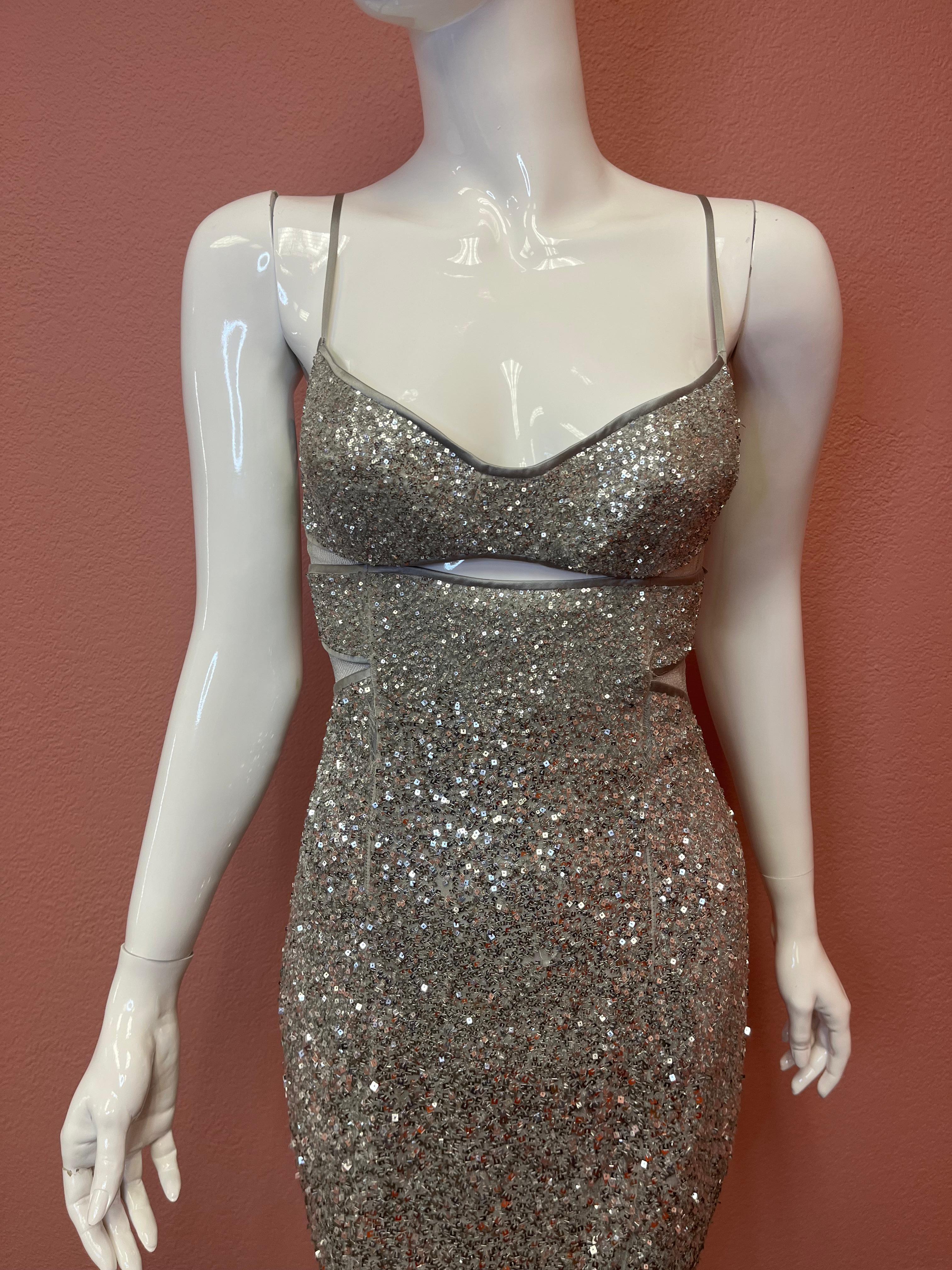 Kaufmanfranco Silver Sequin Cocktail Dress  For Sale 9