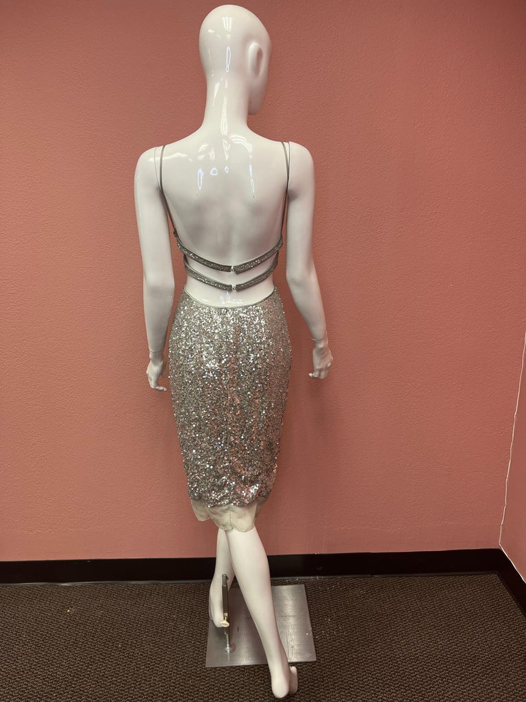 kaufman franco silver dress Kaufmanfranco Silver Sequin Cocktail Dress For Sale at 1stDibs