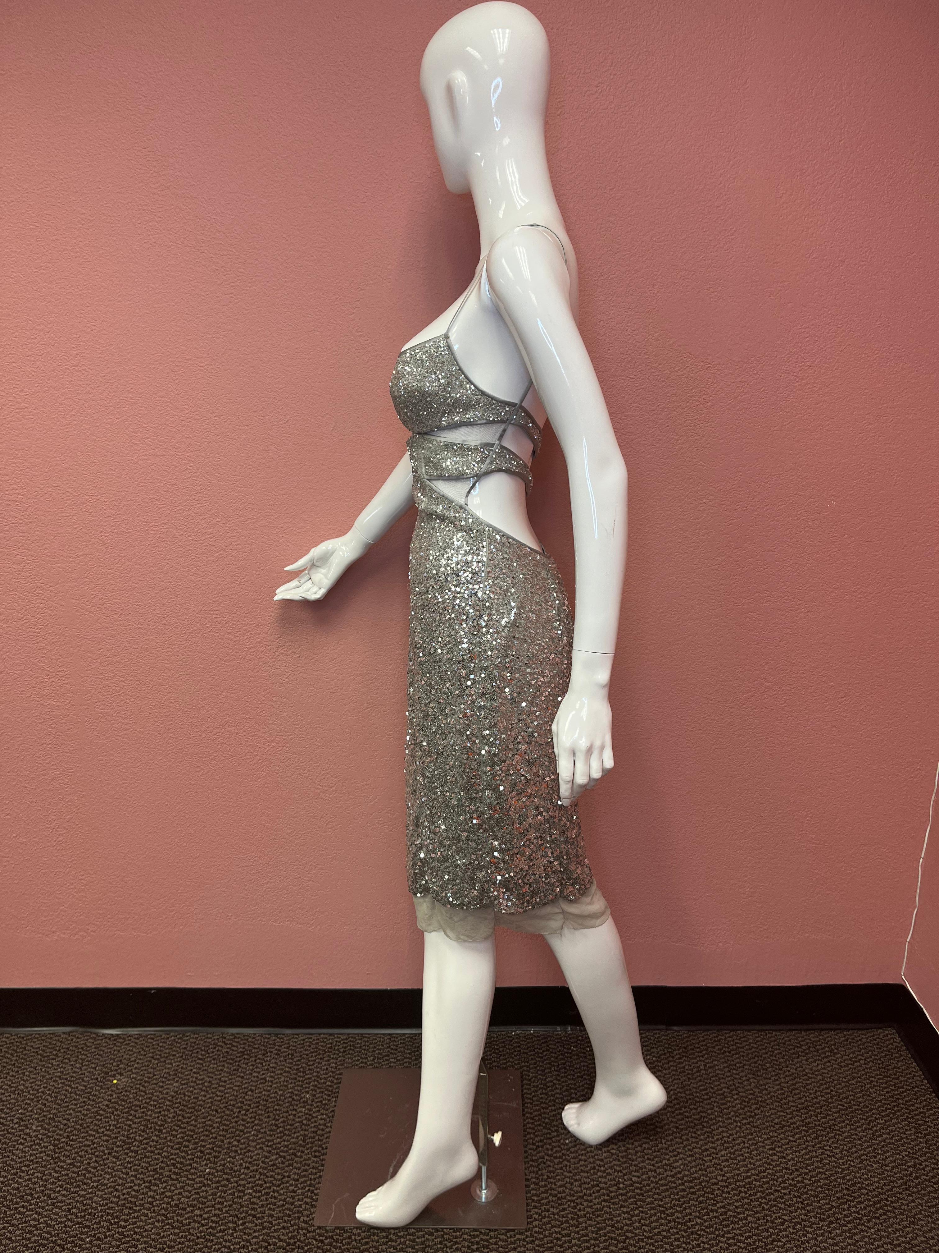 Kaufmanfranco Silver Sequin Cocktail Dress  For Sale 5