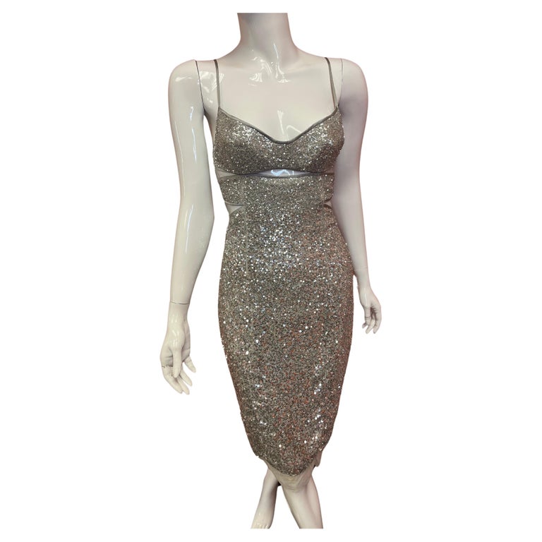 kaufman franco silver dress KAUFMANFRANCO Silver Sequin Long Sleeve Dress Size 6 Certified Consignment