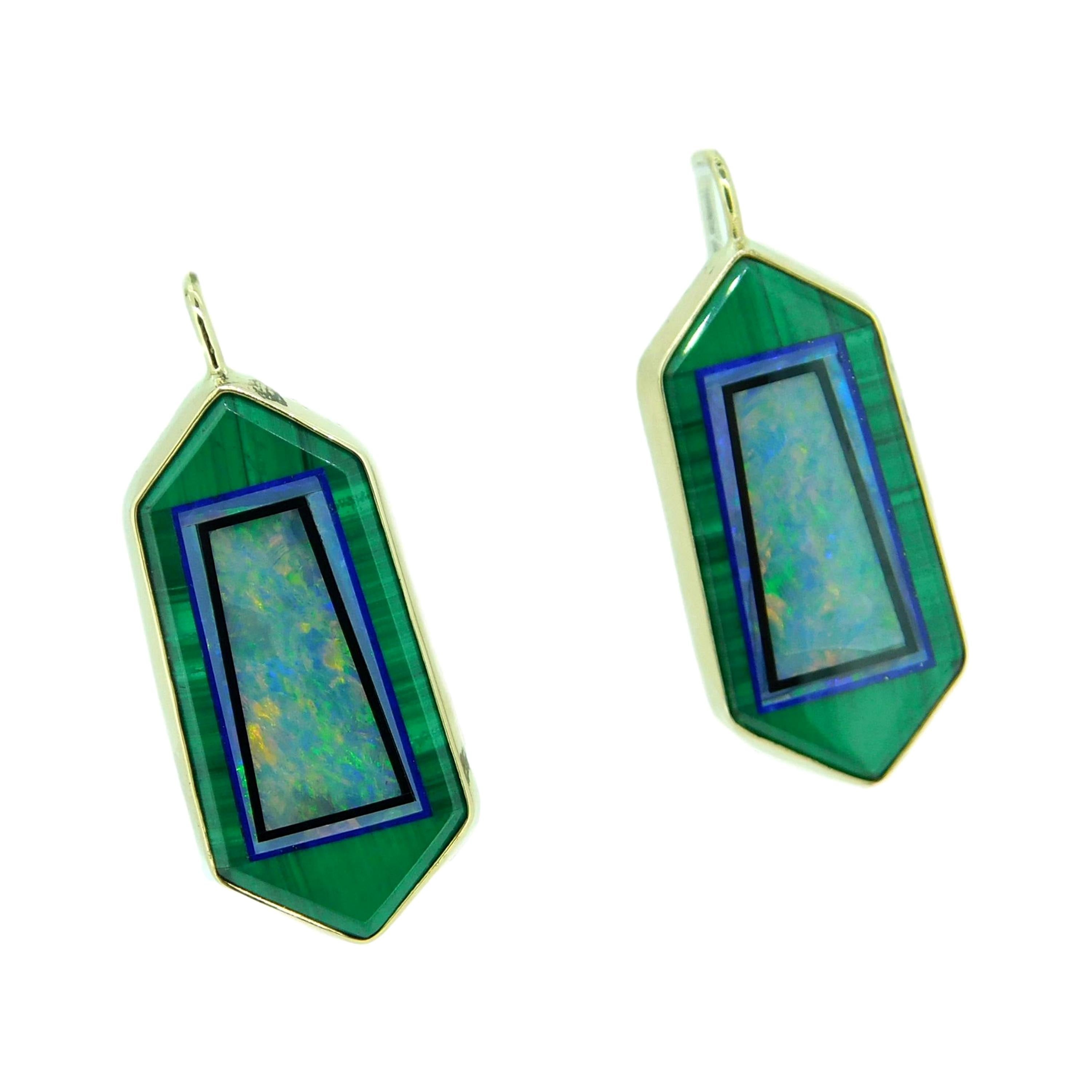 Kaufmann 14k Yellow Gold Genuine Natural Opal Malachite Intarsia Earrings #J4711