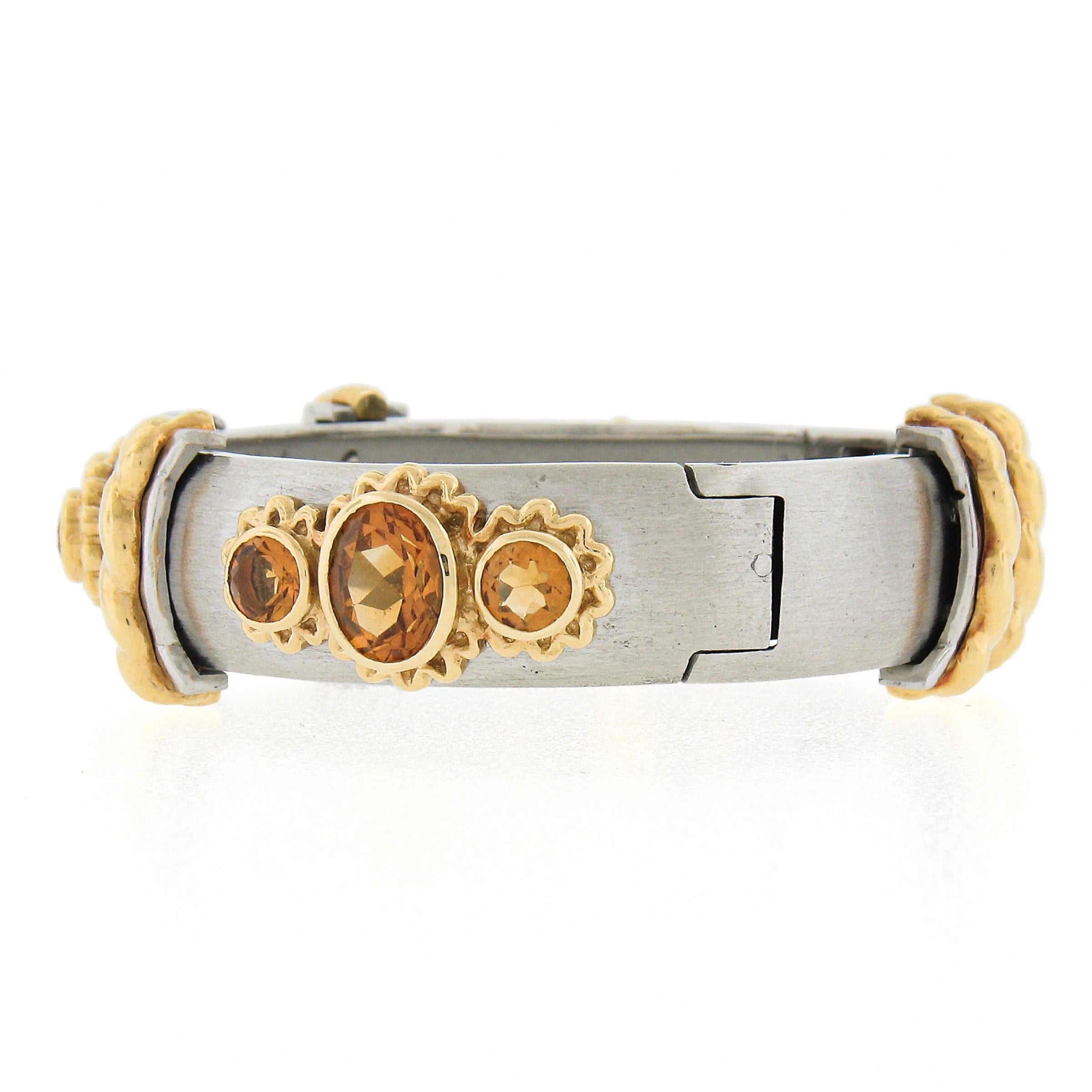 Kaufmann De Suisse Callista 18K Gold & Steel Citrine Open Cuff Bangle Bracelet In Good Condition For Sale In Montclair, NJ