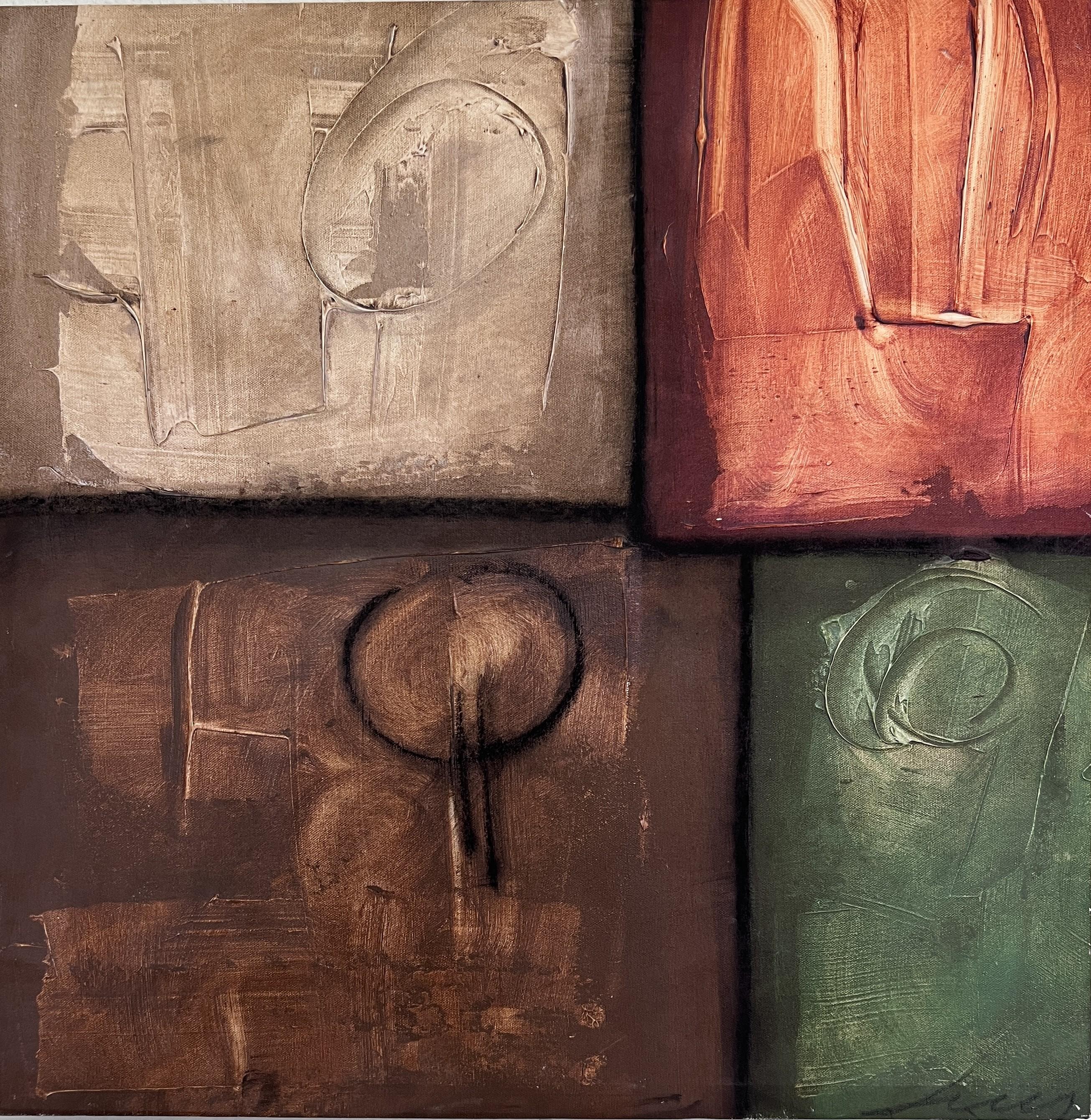 Cette étonnante peinture abstraite originale signée par Kaulani (probablement) est une œuvre d'art contemporain audacieuse et texturée. Datée de 09/04, la peinture présente un mélange dynamique d'orange, de marron, de vert et de tons neutres, avec