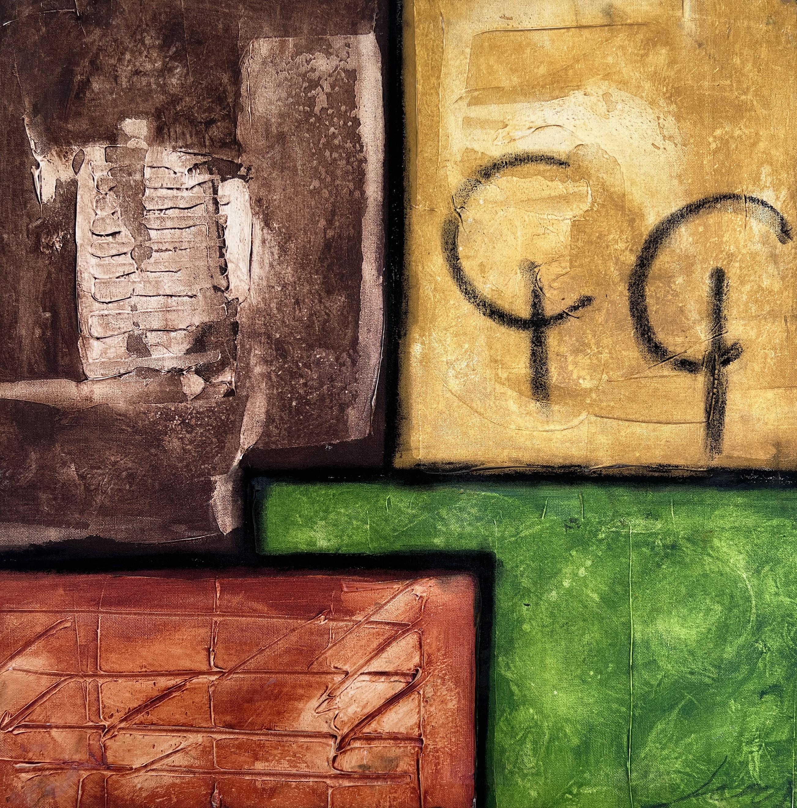 This striking original abstract painting, signed by Kaulani (probably) is a bold and textured work of contemporary art. Dated 01/05, the painting features a dynamic blend of green, gold, and neutral tones layered with visual depth and strong