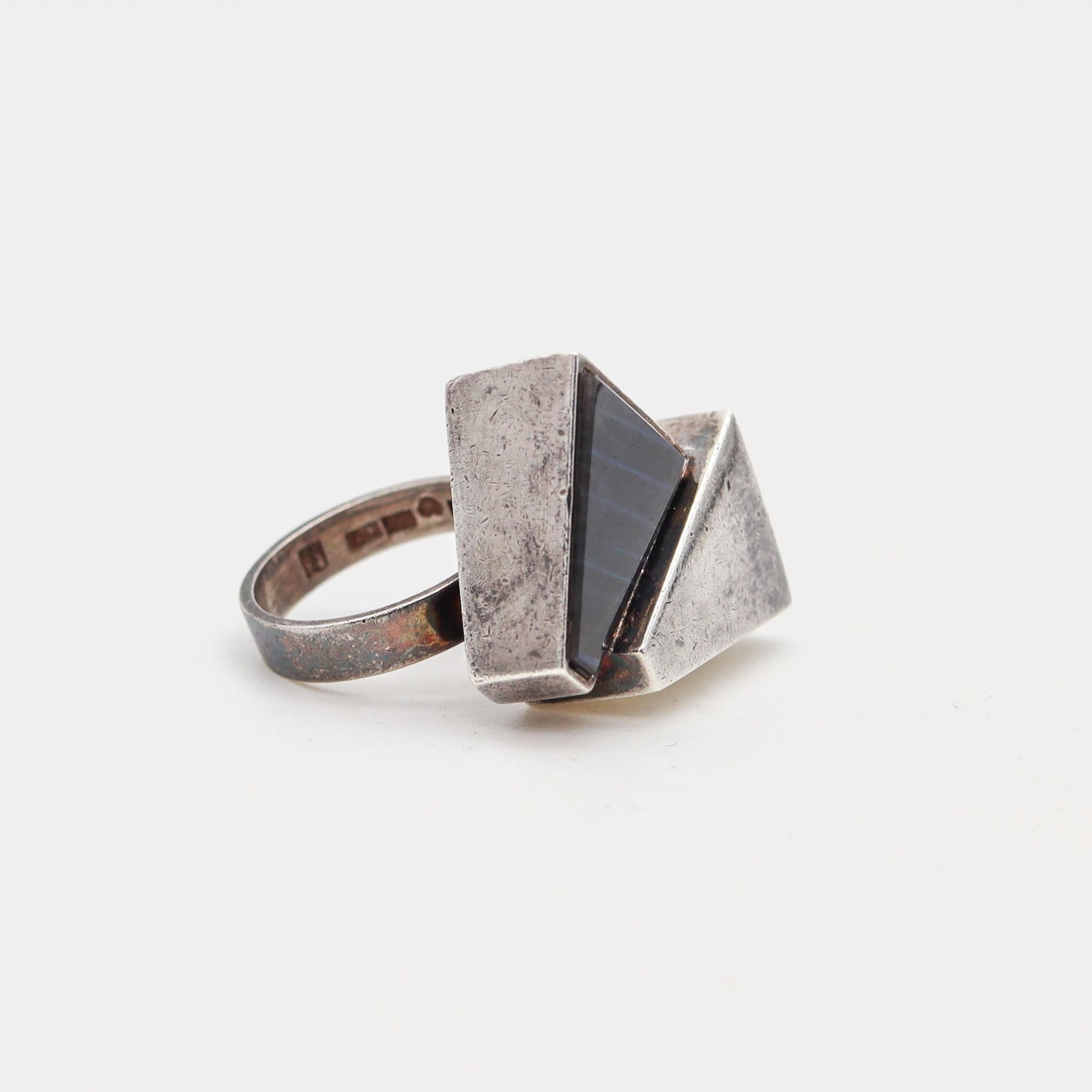 Modern Kaunis Koru 1974 Finland Geometric Ring In .925 Sterling Silver With Labradorite