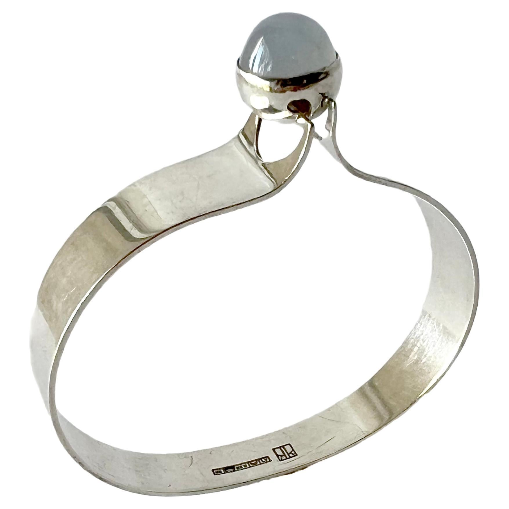 Cabochon Kaunis Koru Finnish Modernist Sterling Silver Blue Moonstone Cuff Bracelet For Sale