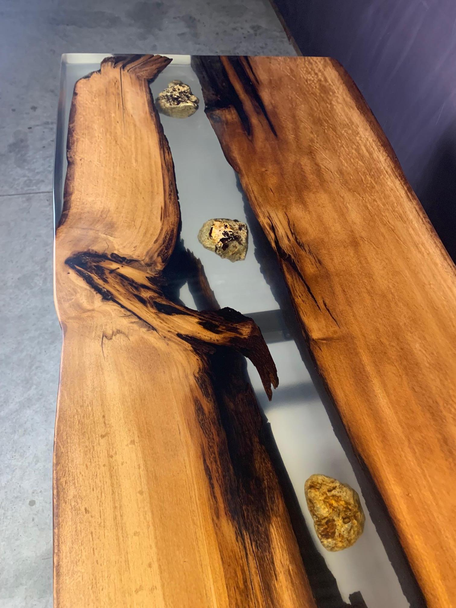 Contemporary Kauri Dining Table in Solid Ancient Kauri Wood and Amber For Sale