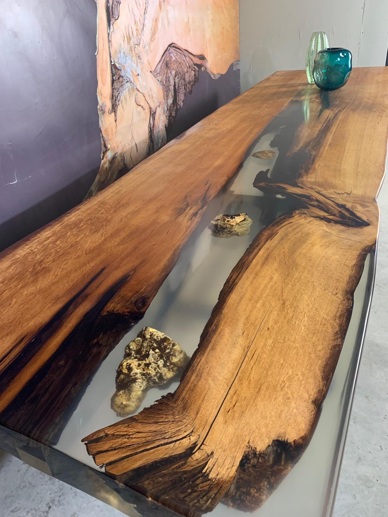 Iron Kauri Dining Table in Solid Ancient Kauri Wood and Amber For Sale