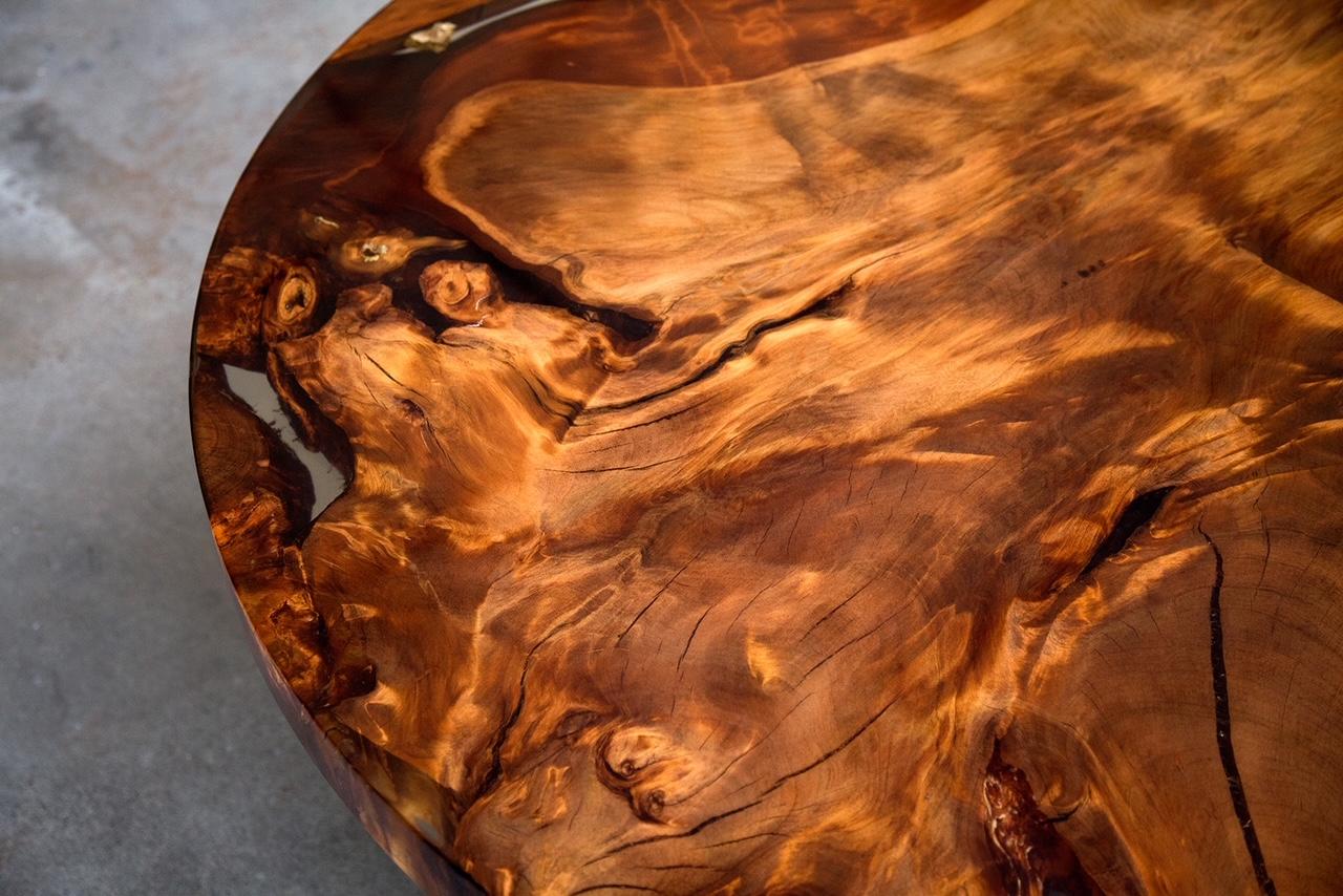 Contemporary Kauri Round Dining Table 1.4m diameter in Solid Ancient Kauri Wood For Sale