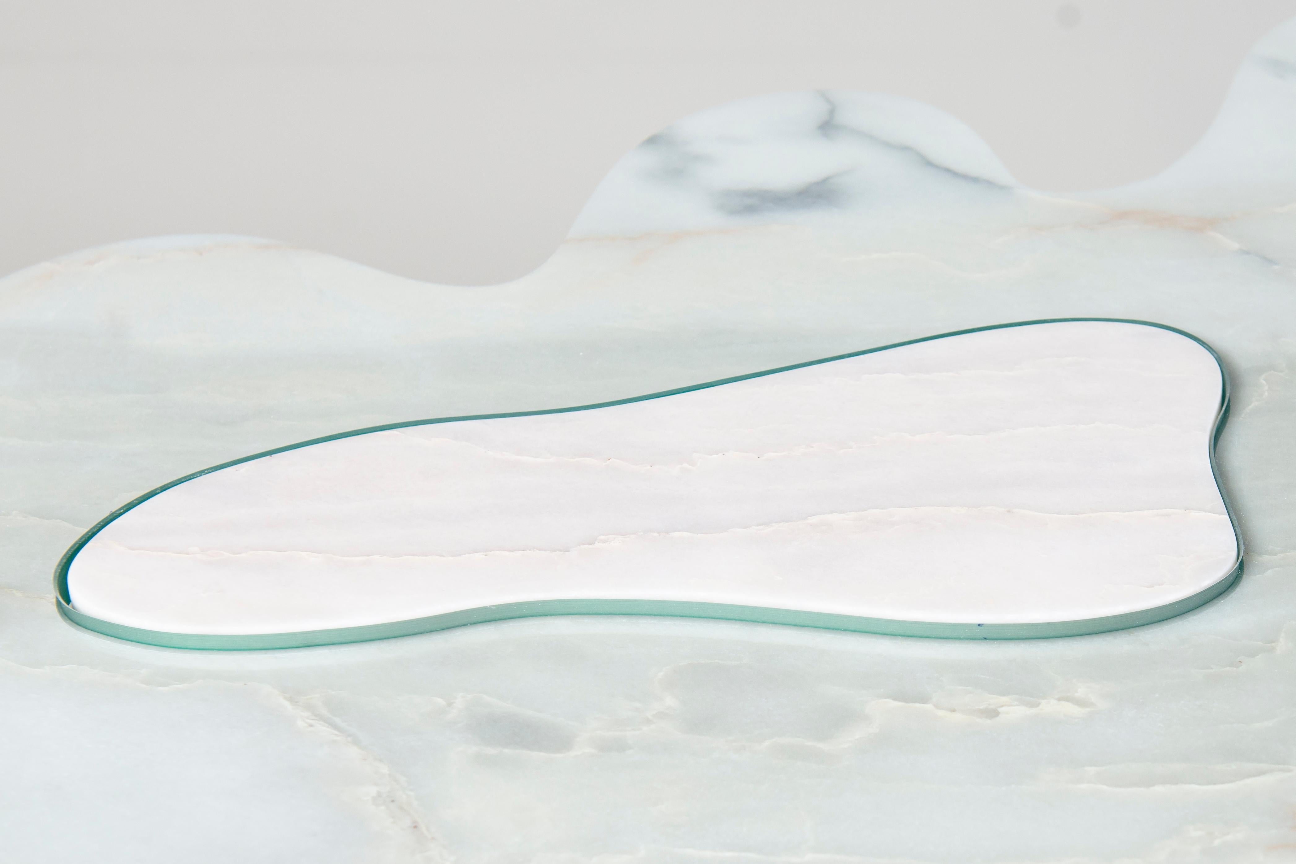 Kavachi Dining Table in White Marble & Glass by MANTA Handmade Stone Design For Sale 6