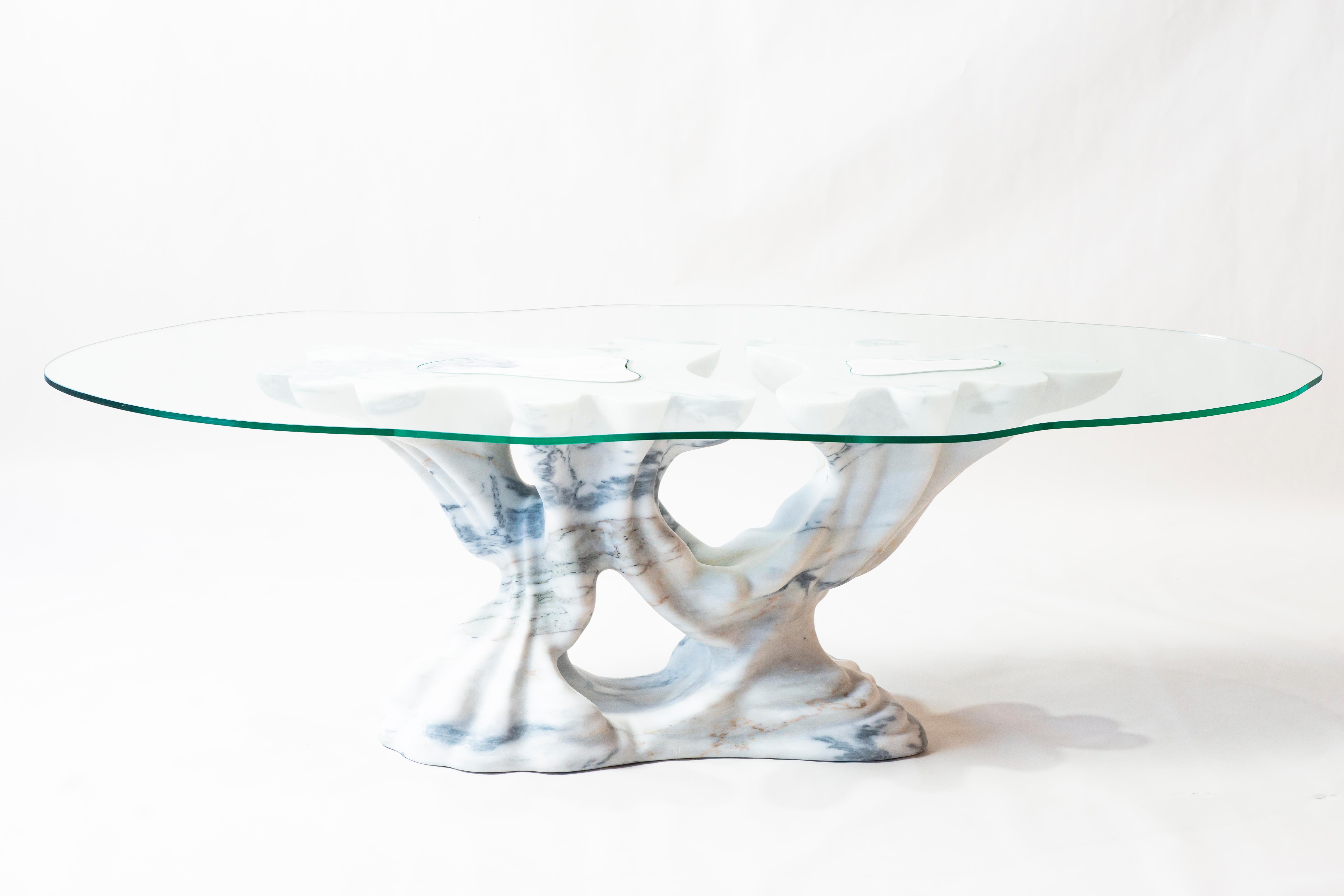 Kavachi Dining Table in White Marble & Glass by MANTA Handmade Stone Design For Sale 9