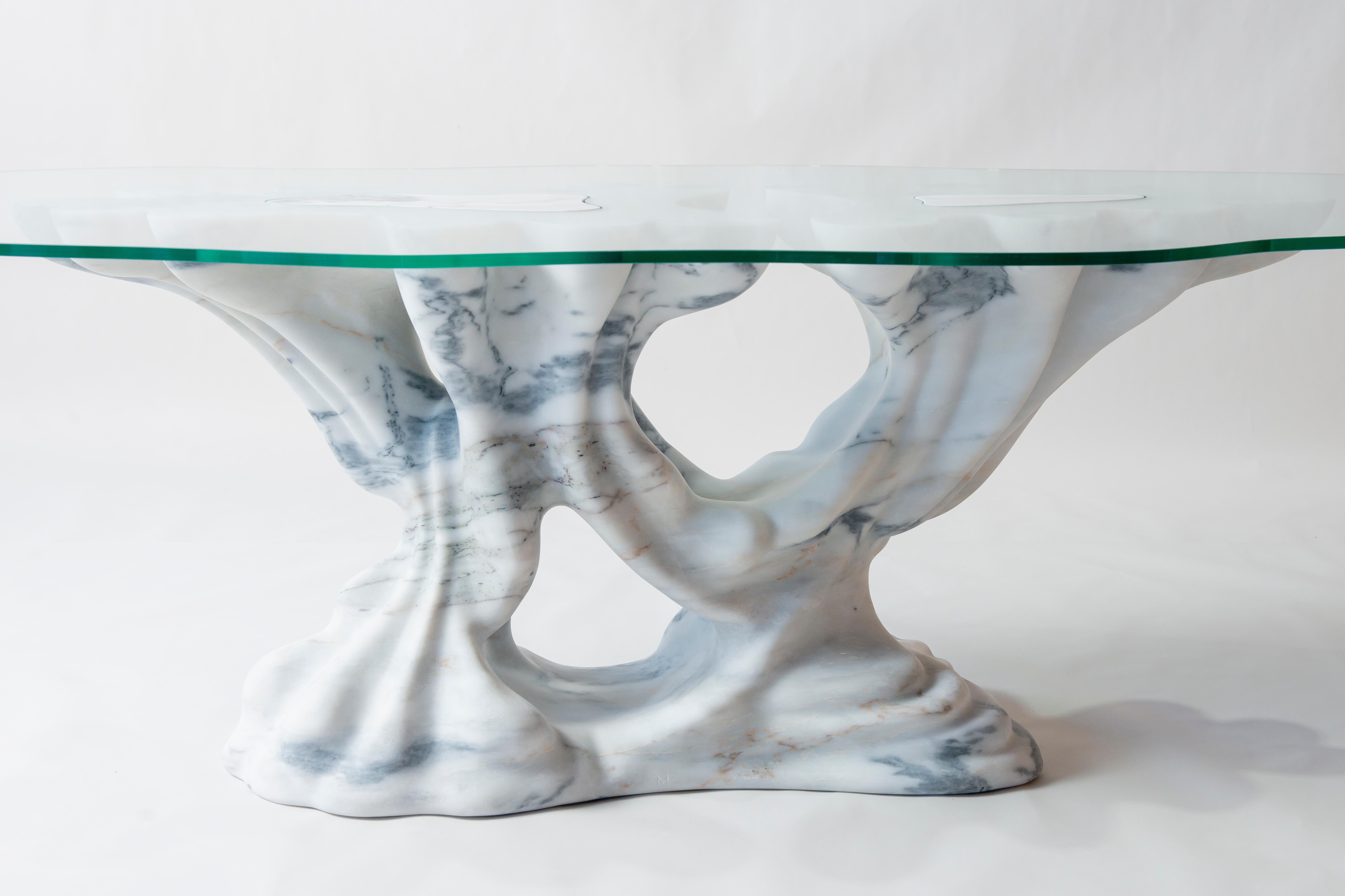 Kavachi Dining Table in White Marble & Glass by MANTA Handmade Stone Design For Sale 10