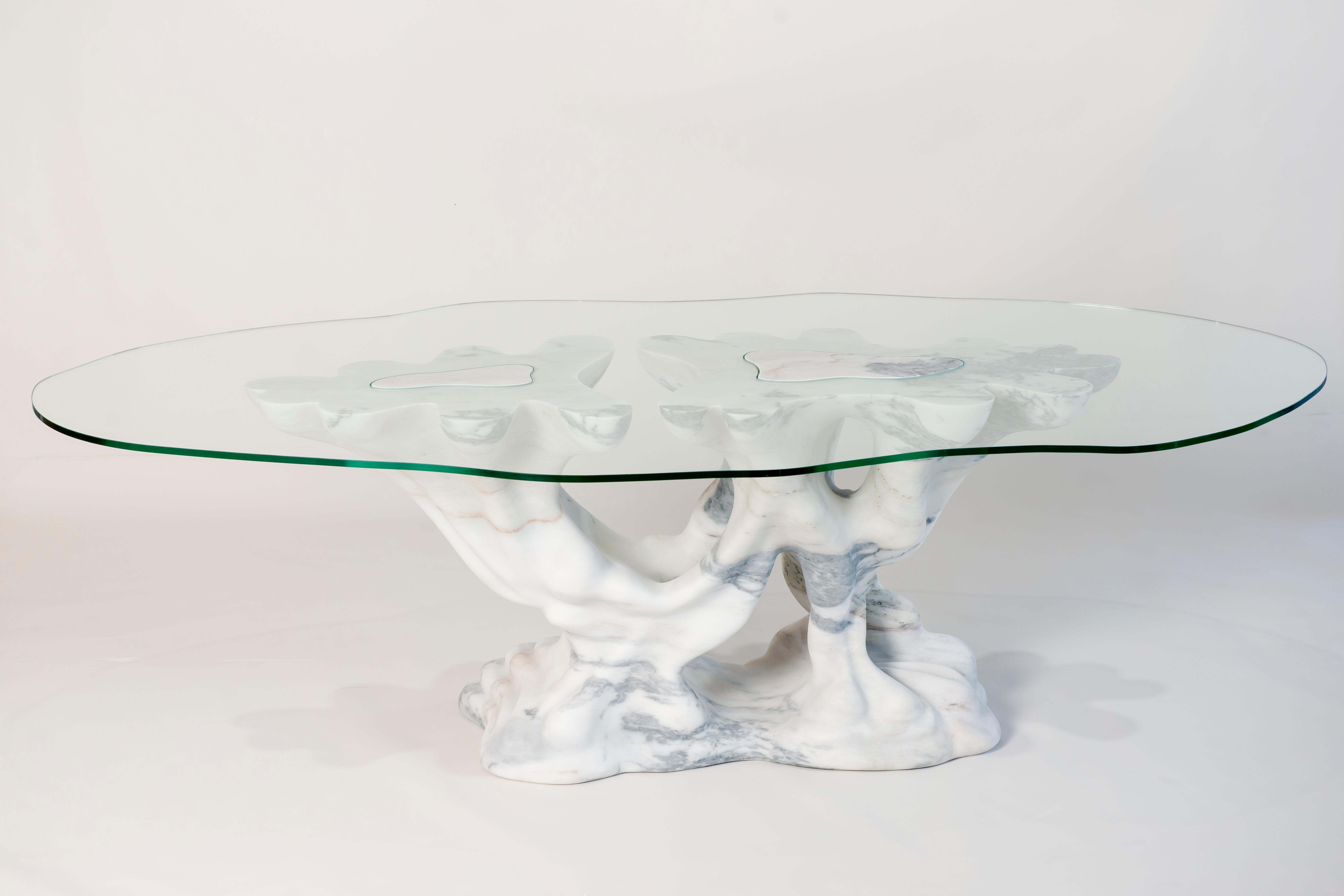 Kavachi Dining Table in White Marble & Glass by MANTA Handmade Stone Design For Sale 12