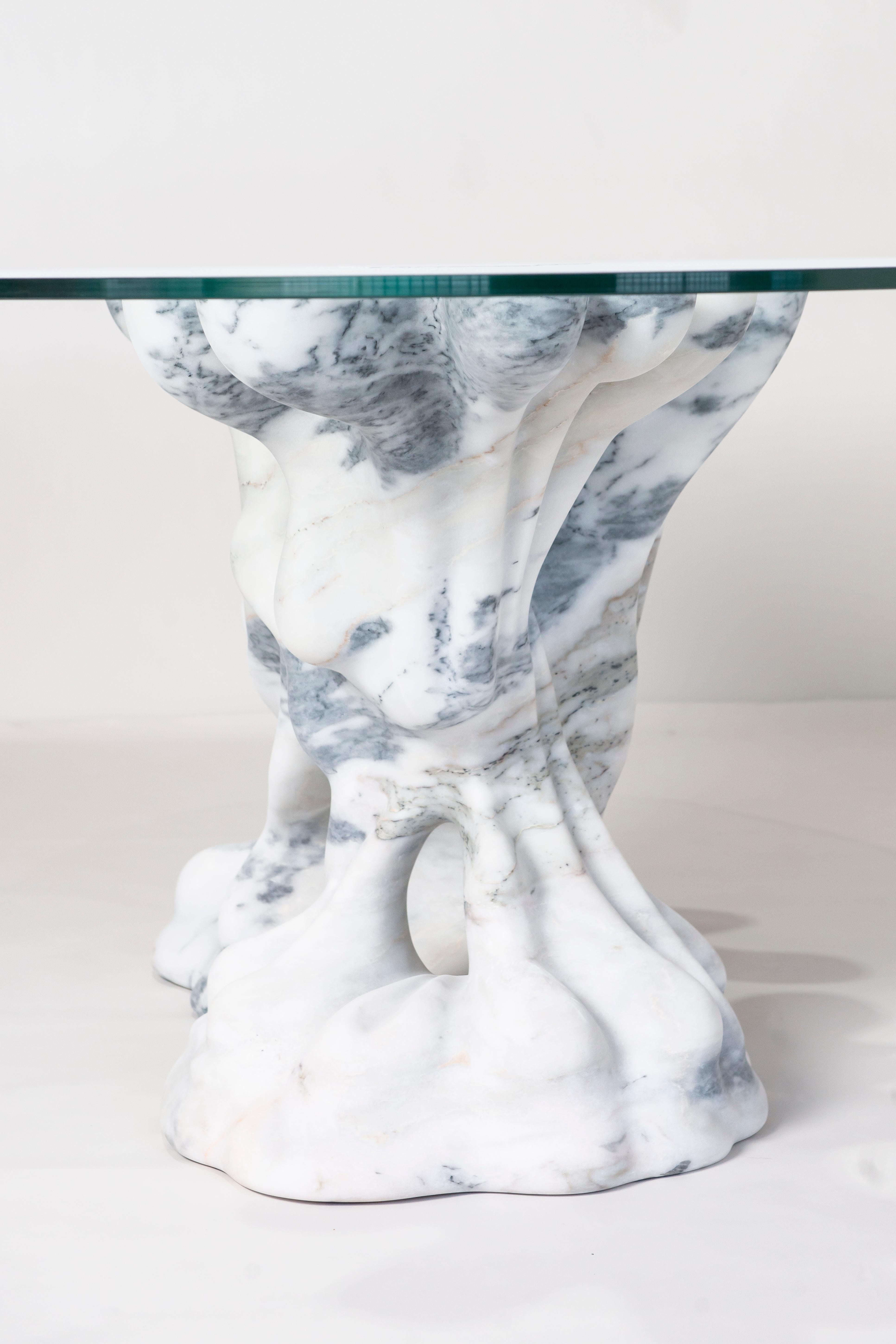 Kavachi Dining Table in White Marble & Glass by MANTA Handmade Stone Design For Sale 13