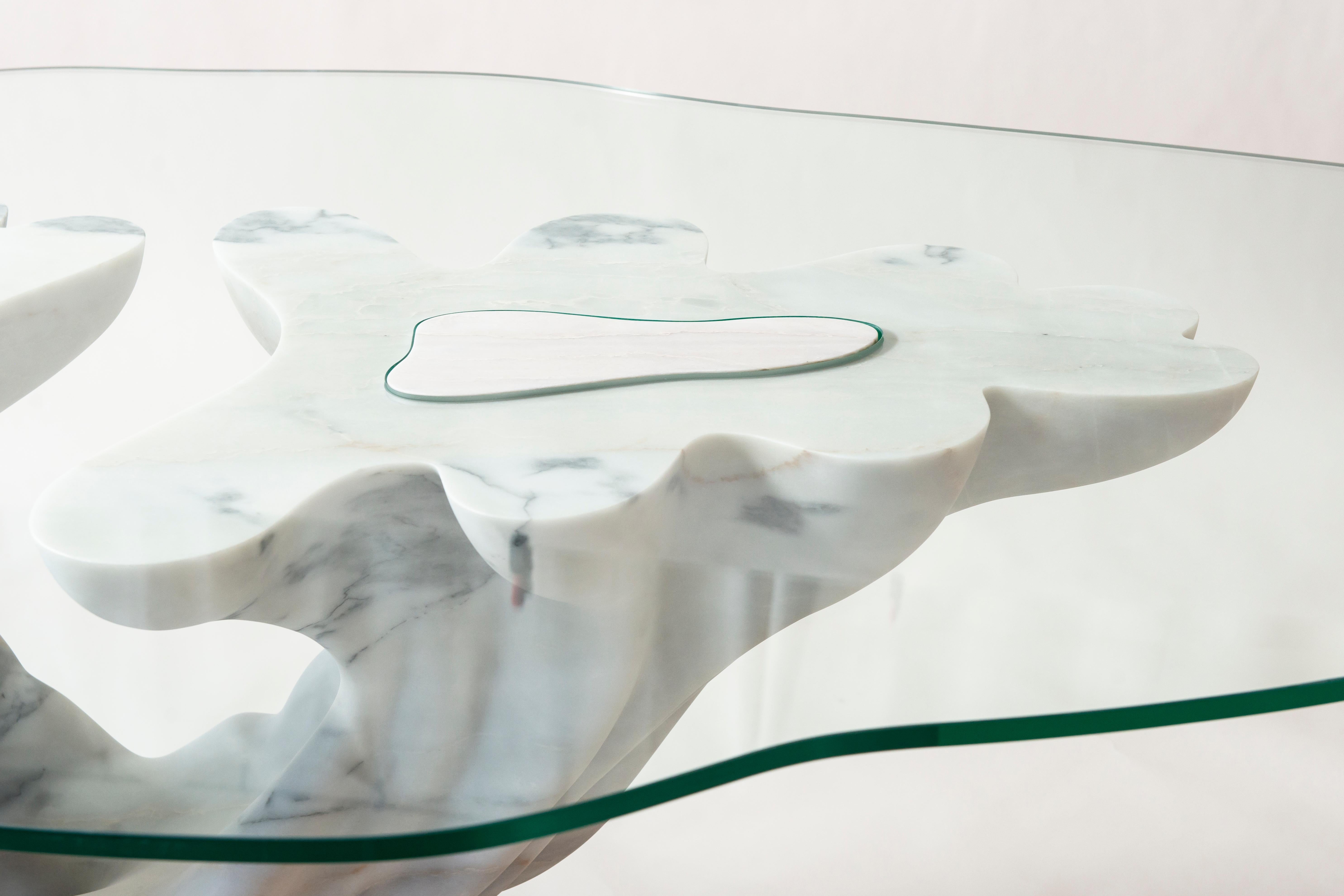 Portuguese Kavachi Dining Table in White Marble & Glass by MANTA Handmade Stone Design For Sale