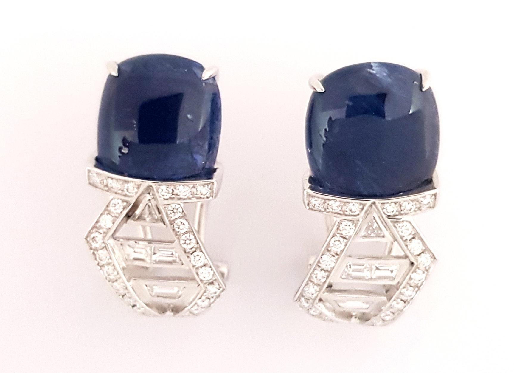 Cabochon Blue Sapphire 11.21 carats with Diamond 0.66 carat Earrings set in 18K White Gold Settings

Width: 0.7 cm
Length: 2.4 cm
Weight: 6.06 grams

The ancient Japanese tradition of paper folding has inspired the form and elements of this modern