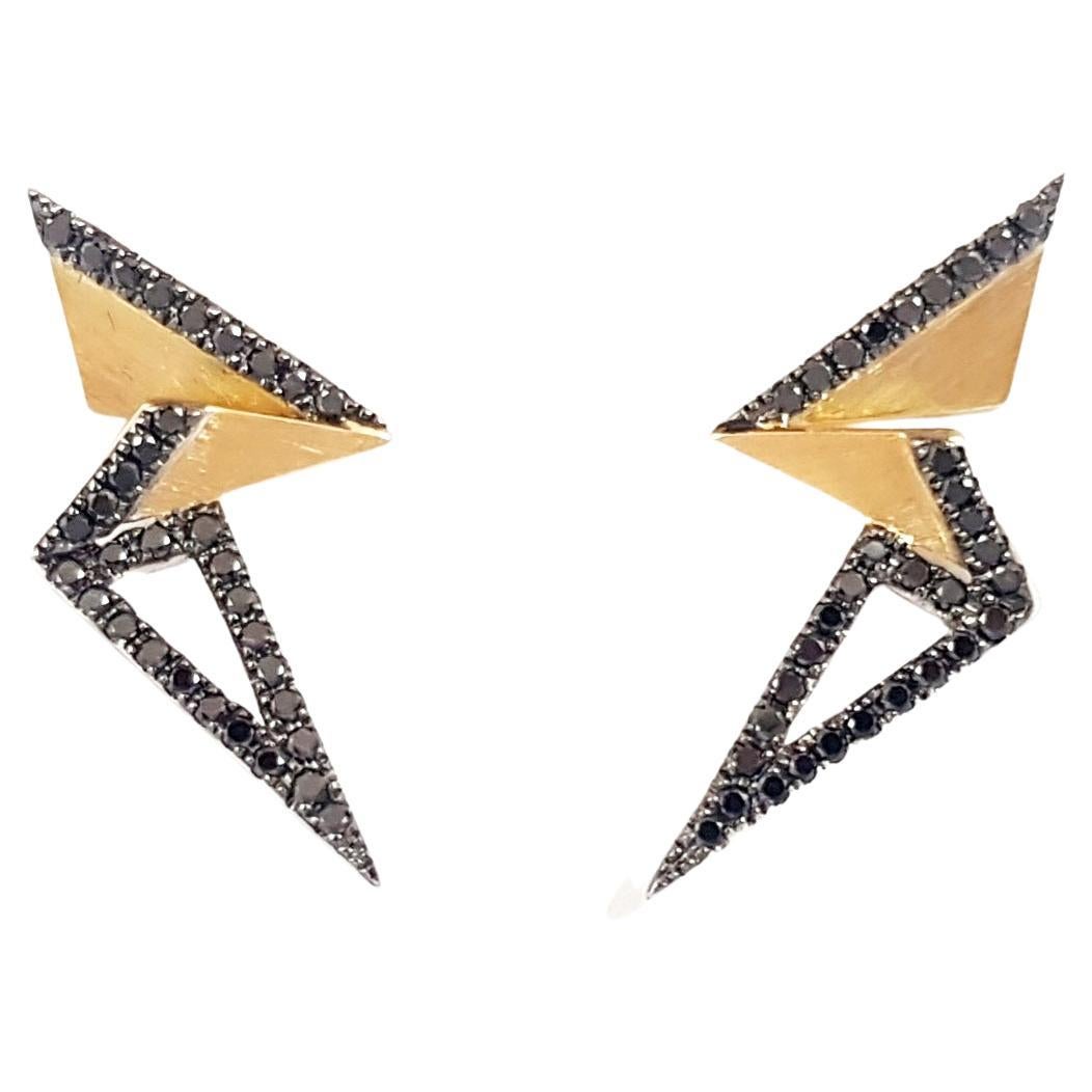 Kavant & Sharart Origami Brush Gold Black Diamond Mini Earrings 18K Yellow Gold For Sale
