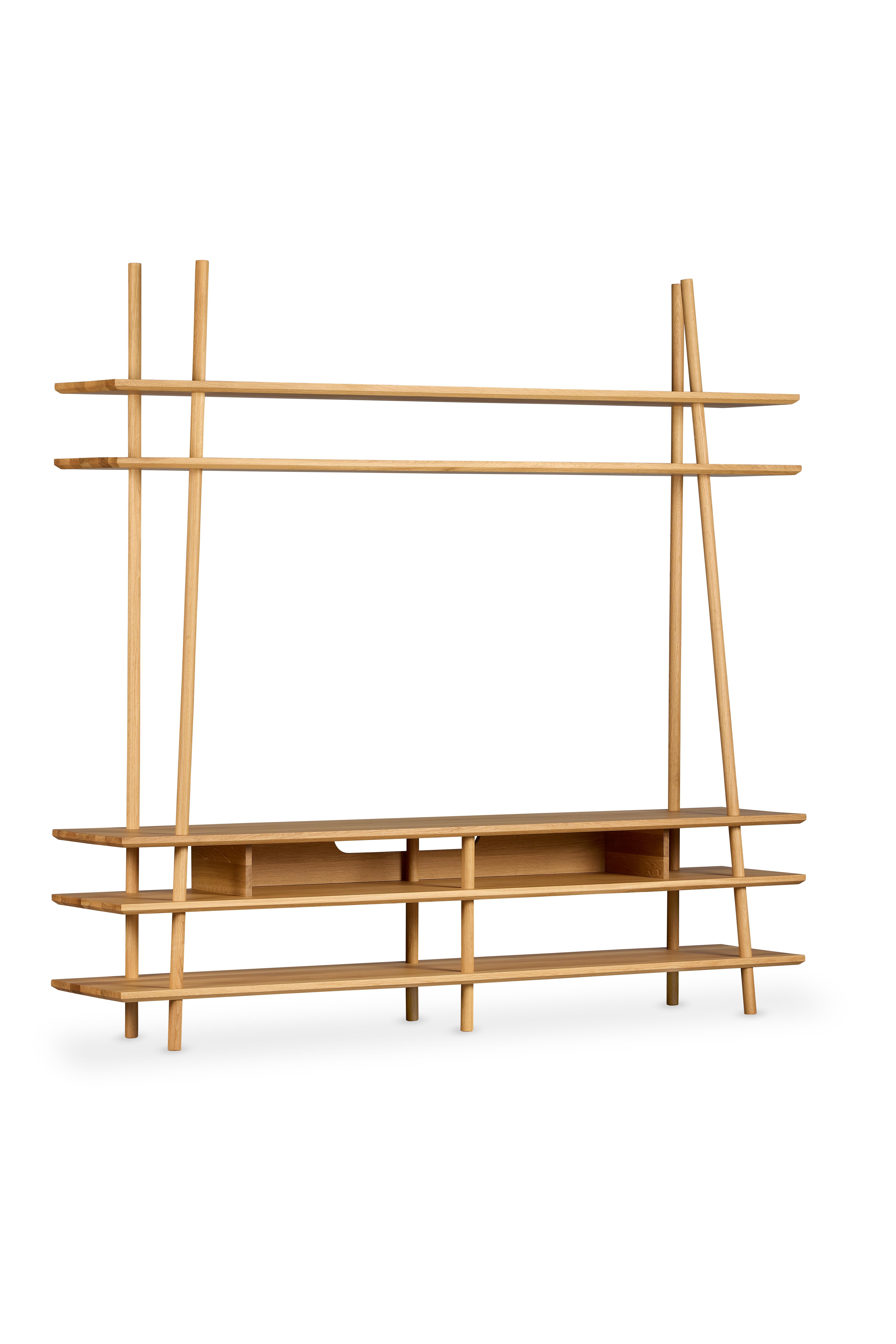 The Kavel series Bookcase/TV unit, which has an iron design, adds aesthetic value to your living spaces with its large storage capacity and elegant appearance. Manufactured from solid oak wood and preserving its naturalness with its natural polished