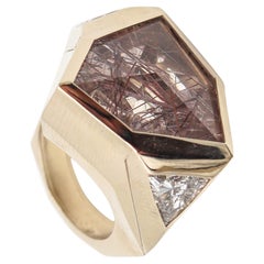 KAVERAS Geometric Cocktail Ring In 18Kt Gold With Diamonds & Rutile Quartz