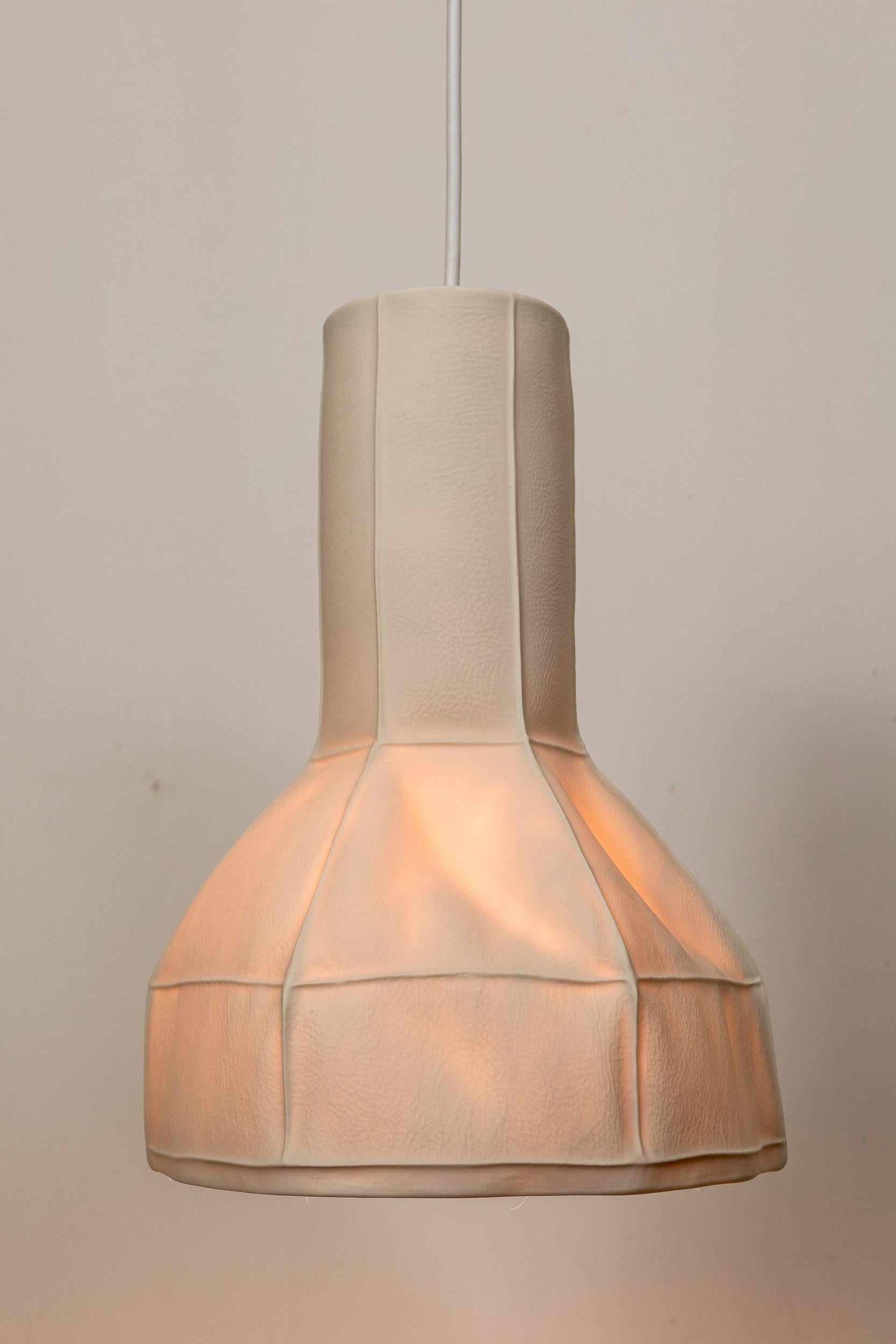 Kawa Series Light 05, White Organic Modern Porcelain Pendant Lamp, Leather Cast For Sale 3
