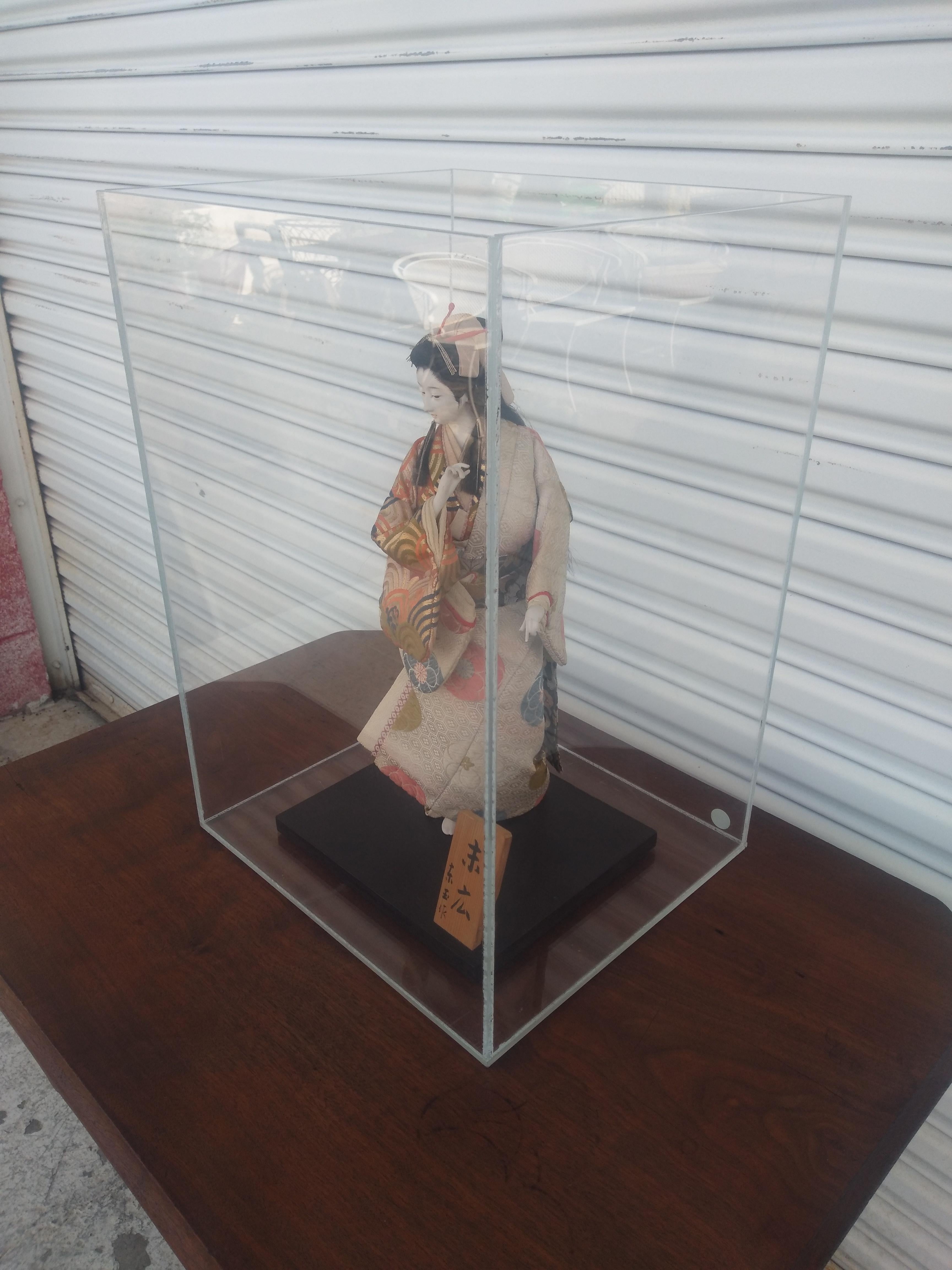 20th Century Kawaii Kyoto Geisha Doll in Lucite Display Box For Sale