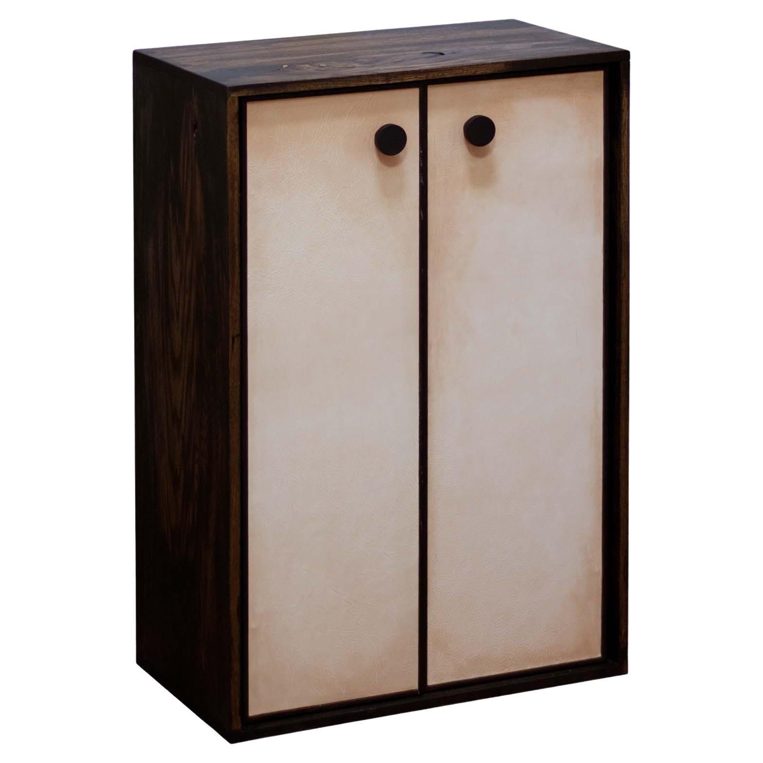 Kawakami Antique Finish Solid Oak Cabinet with Leather Doors For Sale