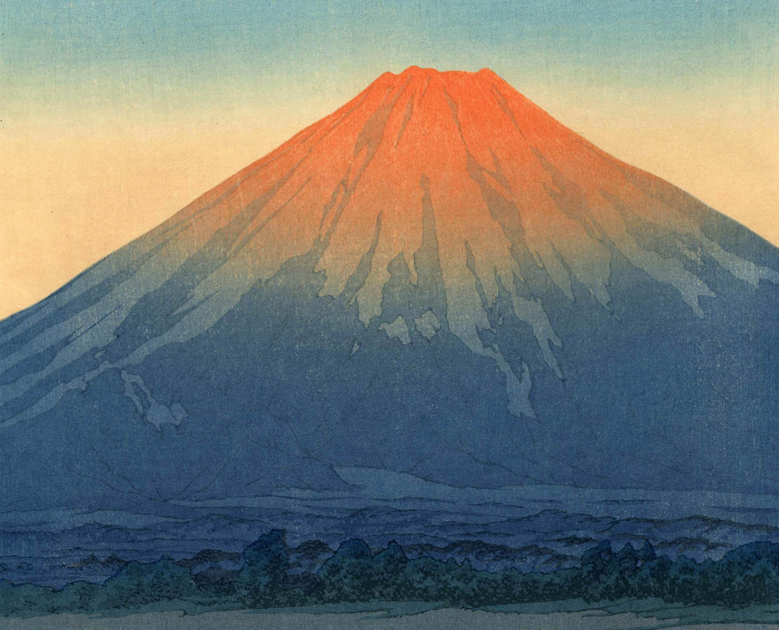 Tagesanbruch über dem Yamanaka-See
Farbholzschnitt, 1931
Herausgegeben von der Watanabe Color Print Co.
Watanabe-Siegel 