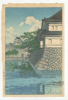 Kawase Hasui, Castle, Shin Hanga, Original Japanese Woodblock Print, Blue, Water