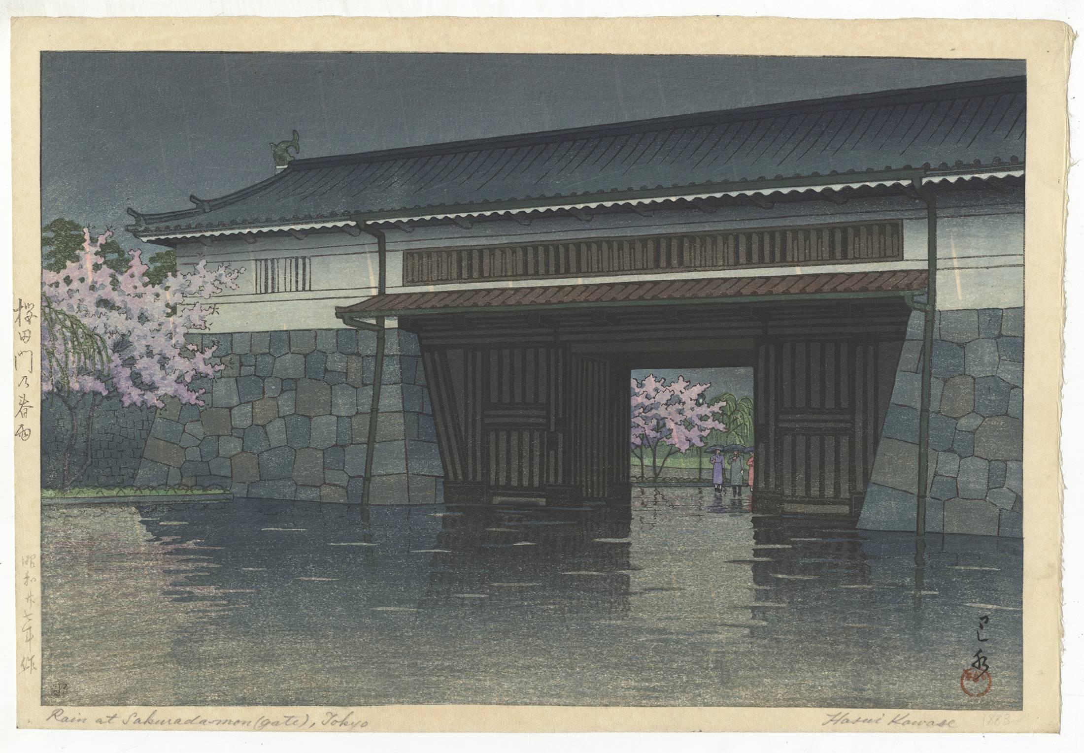 Artist: Hasui Kawase (1883-1957)
Title: Spring Rain at Sakurada Gate
Date: pub. 1946-1957
Dimensions: 38.7 x 26.5 cm 
Condition: Very light soiling on the margins. 

This quiet scene shows the Sakurada-mon gate at night time. The gate was part of