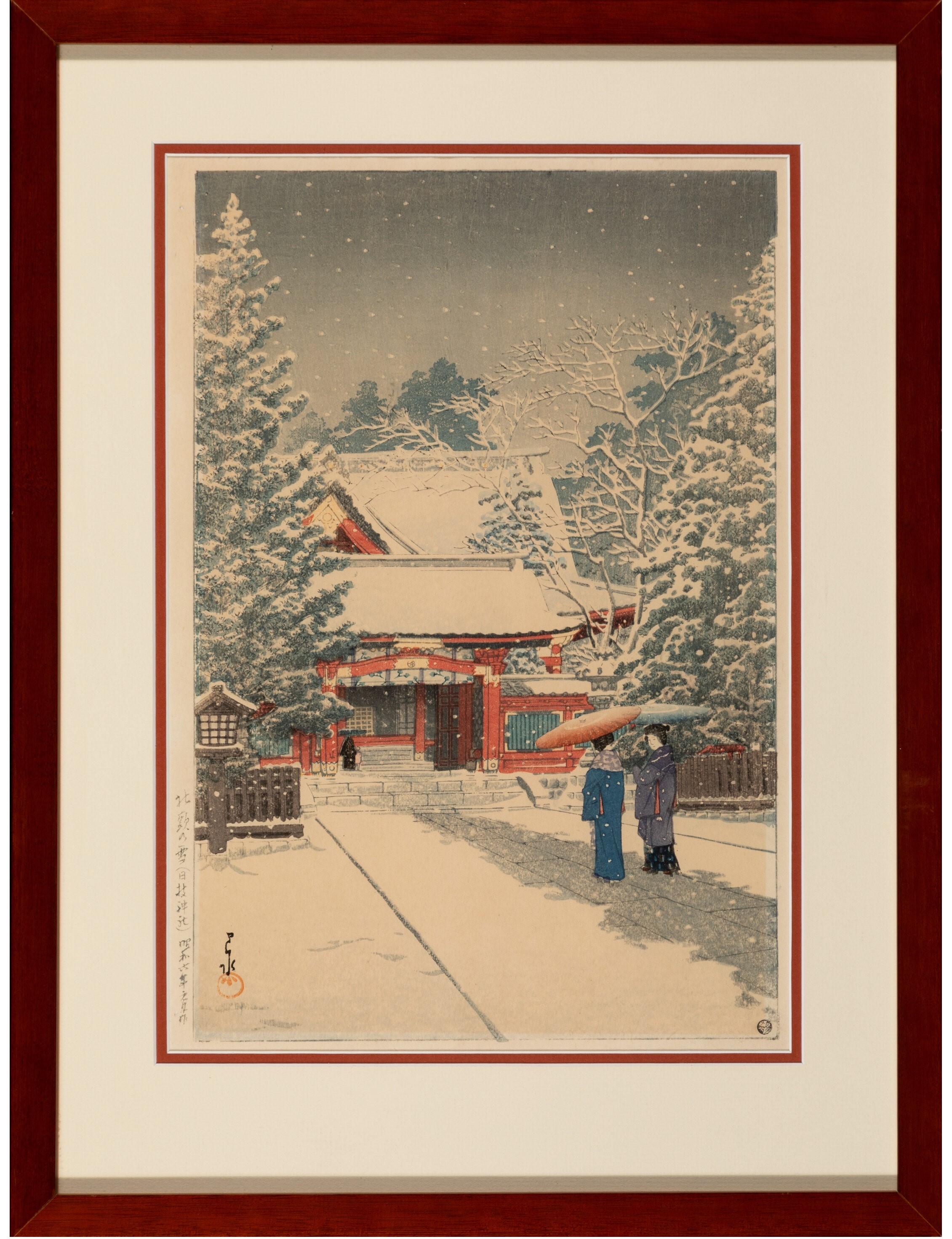 Kawase Hasui (Japaner, 1883-1957)
Schnee im Hie-Heiligtum, ca. 1946 -1957 (datiert im Verlagssiegel)
Holzschnitt
Blattgröße 37,5 x 26,0 cm (senkrechter Oban)
Rahmengröße 51,3 x 38,5 x 2,5 cm
Signiert und gesiegelt unten links
Betitelt und datiert,