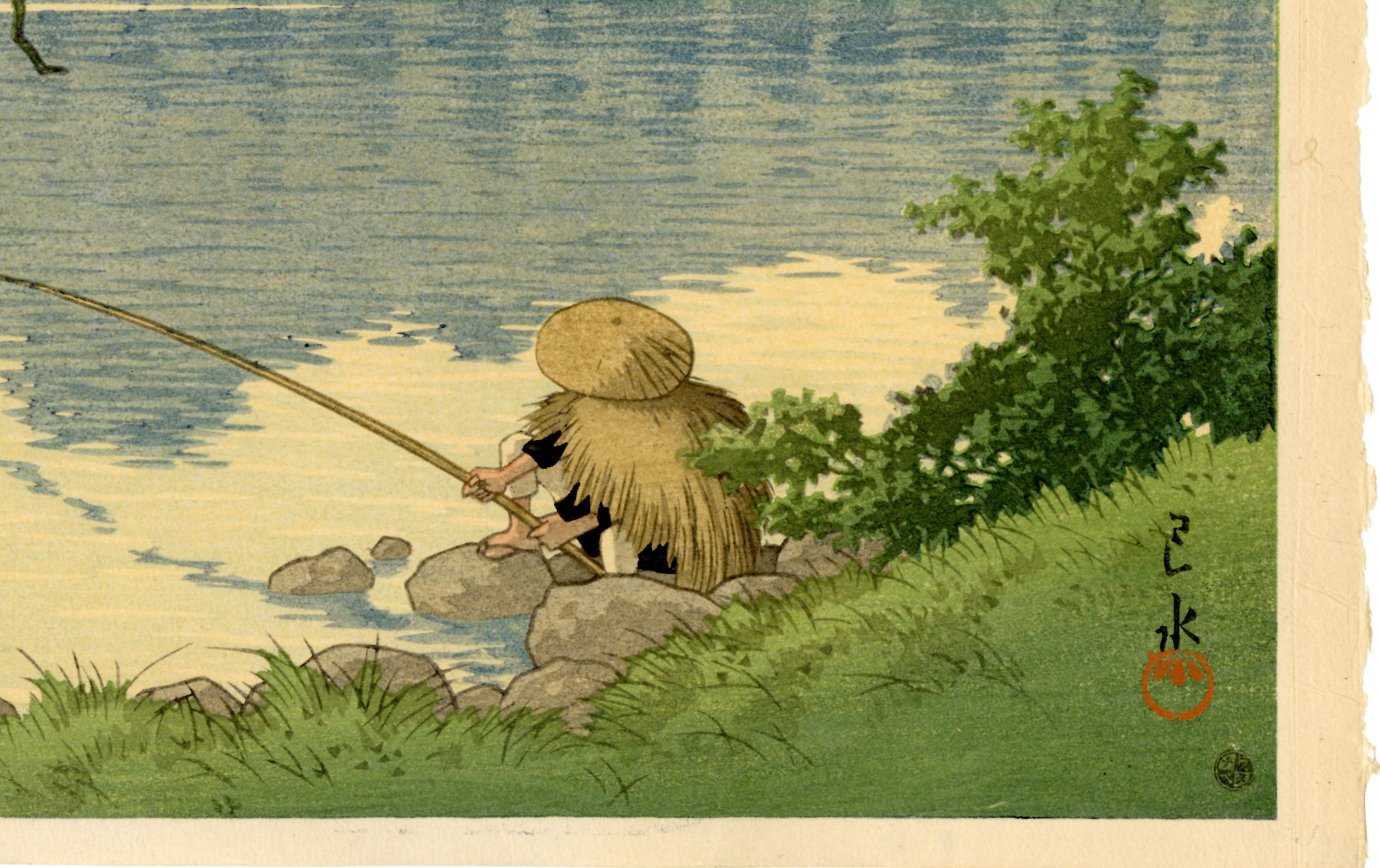 Man Fishing on Lake Matsubara, Shinshu - Print by Kawase Hasui