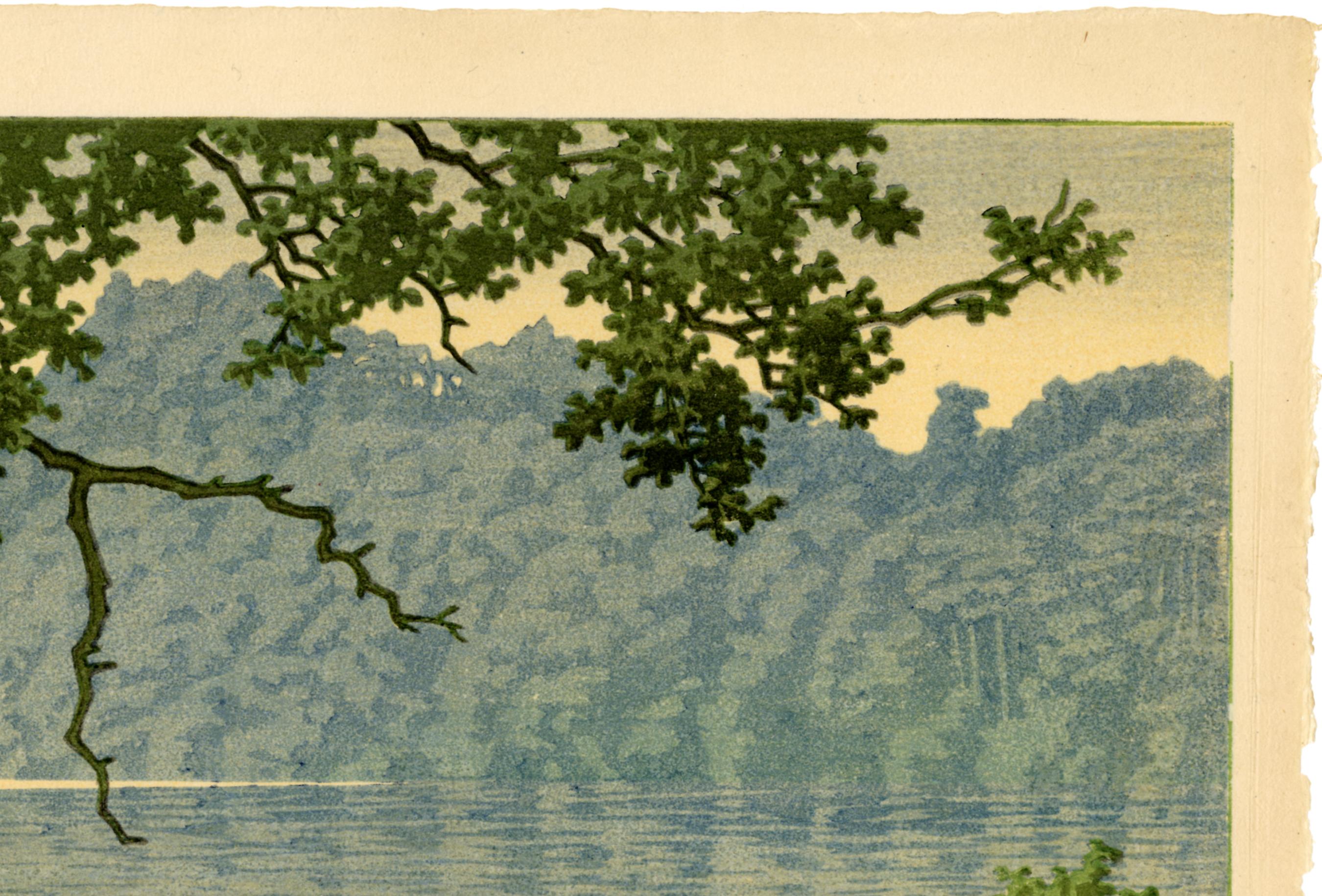 Man Fishing on Lake Matsubara, Shinshu - Showa Print by Kawase Hasui
