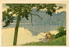 Homme pêchant sur le lac Matsubara:: Shinshu