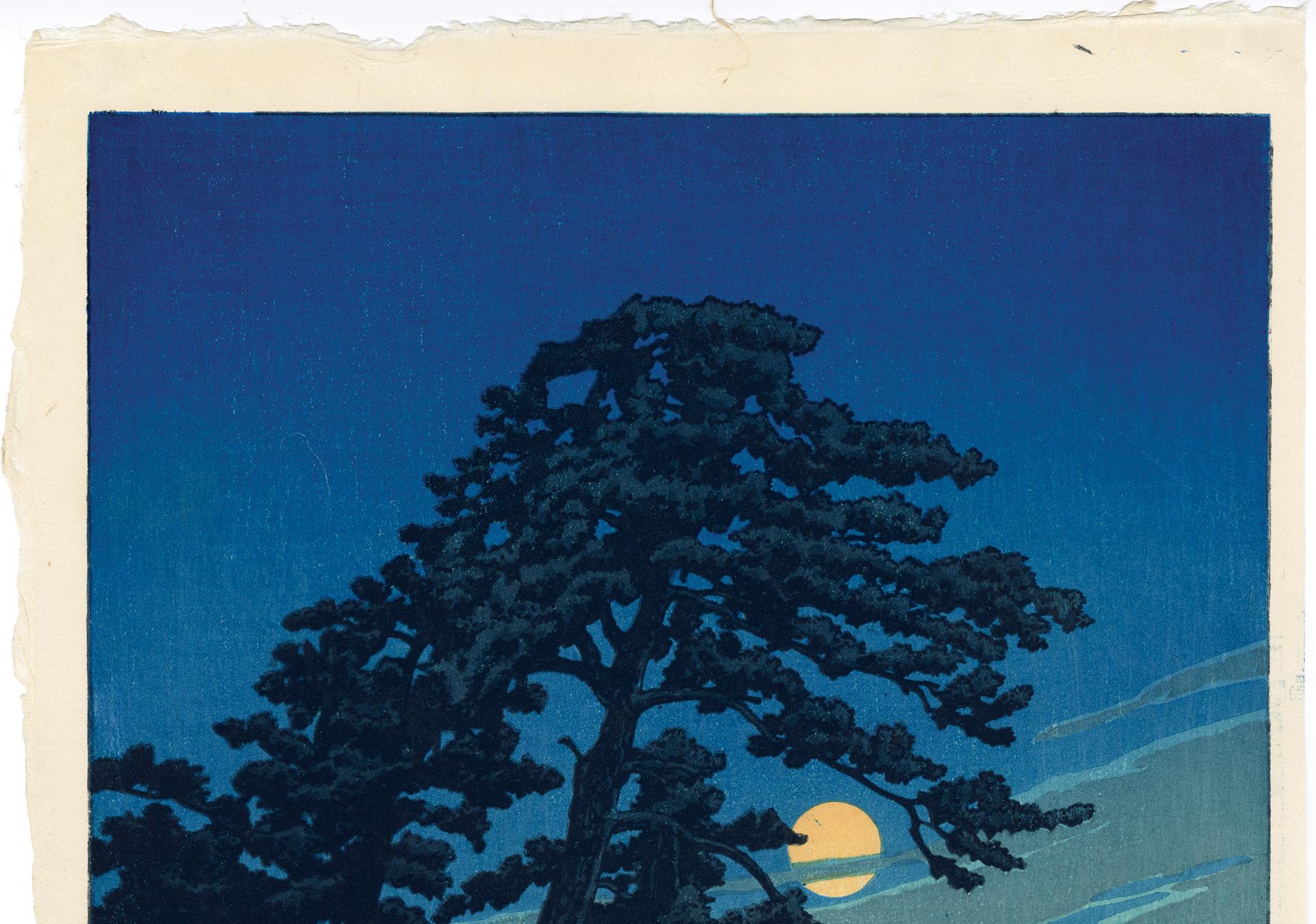 Moon at Magome - Blue Landscape Print by Kawase Hasui