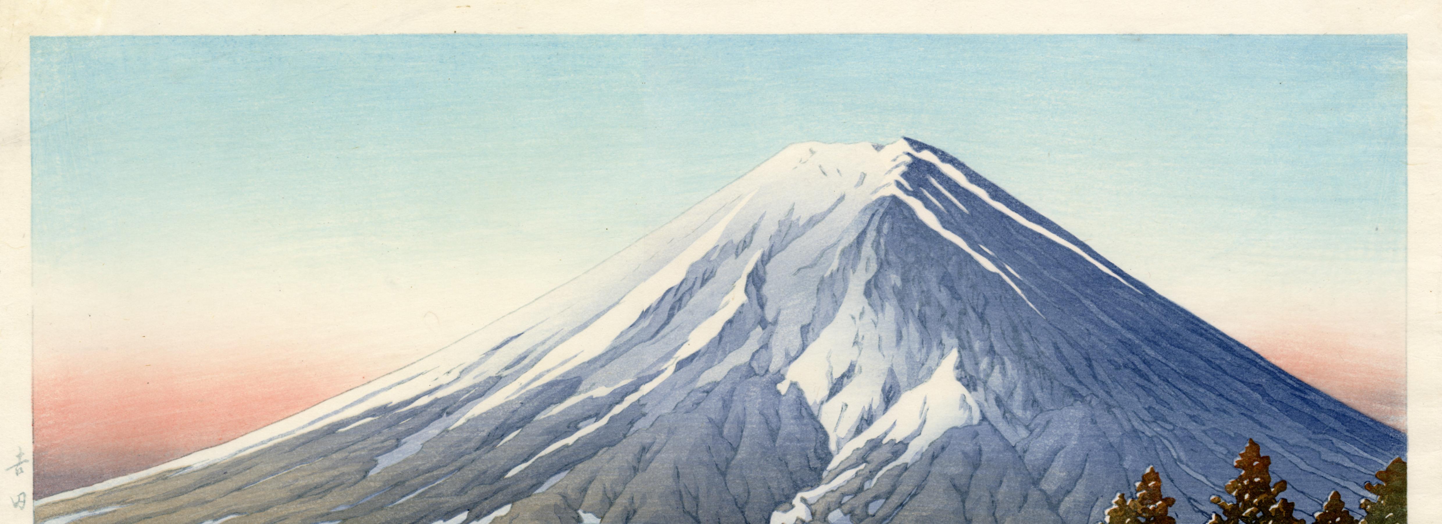 Mount Fuji After a Snowfall - Gray Landscape Print by Kawase Hasui