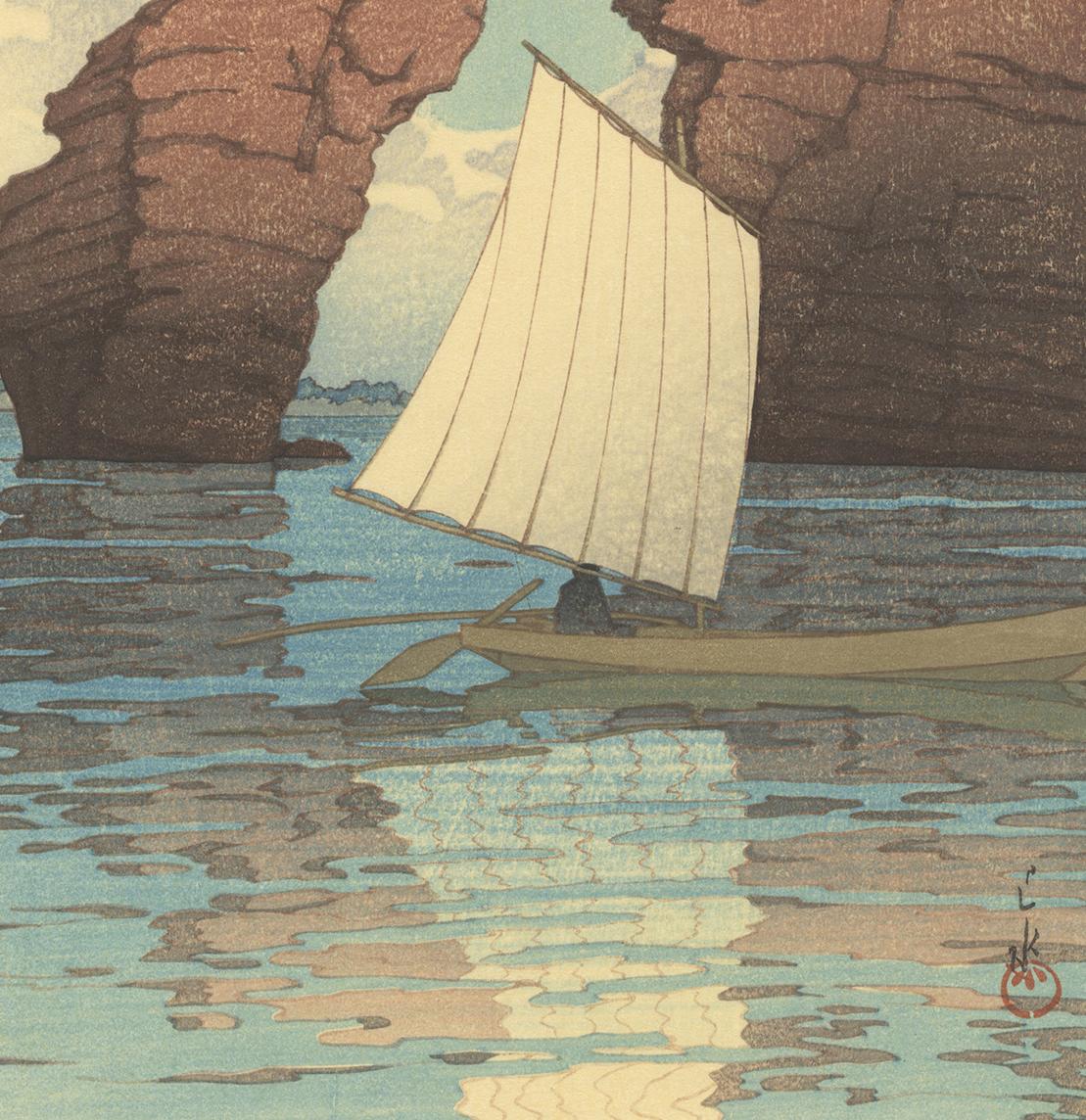 Natural Rock Arch w/ Sailing Boat at Sea, Kawase Hasui, Japanese Woodblock Print 1