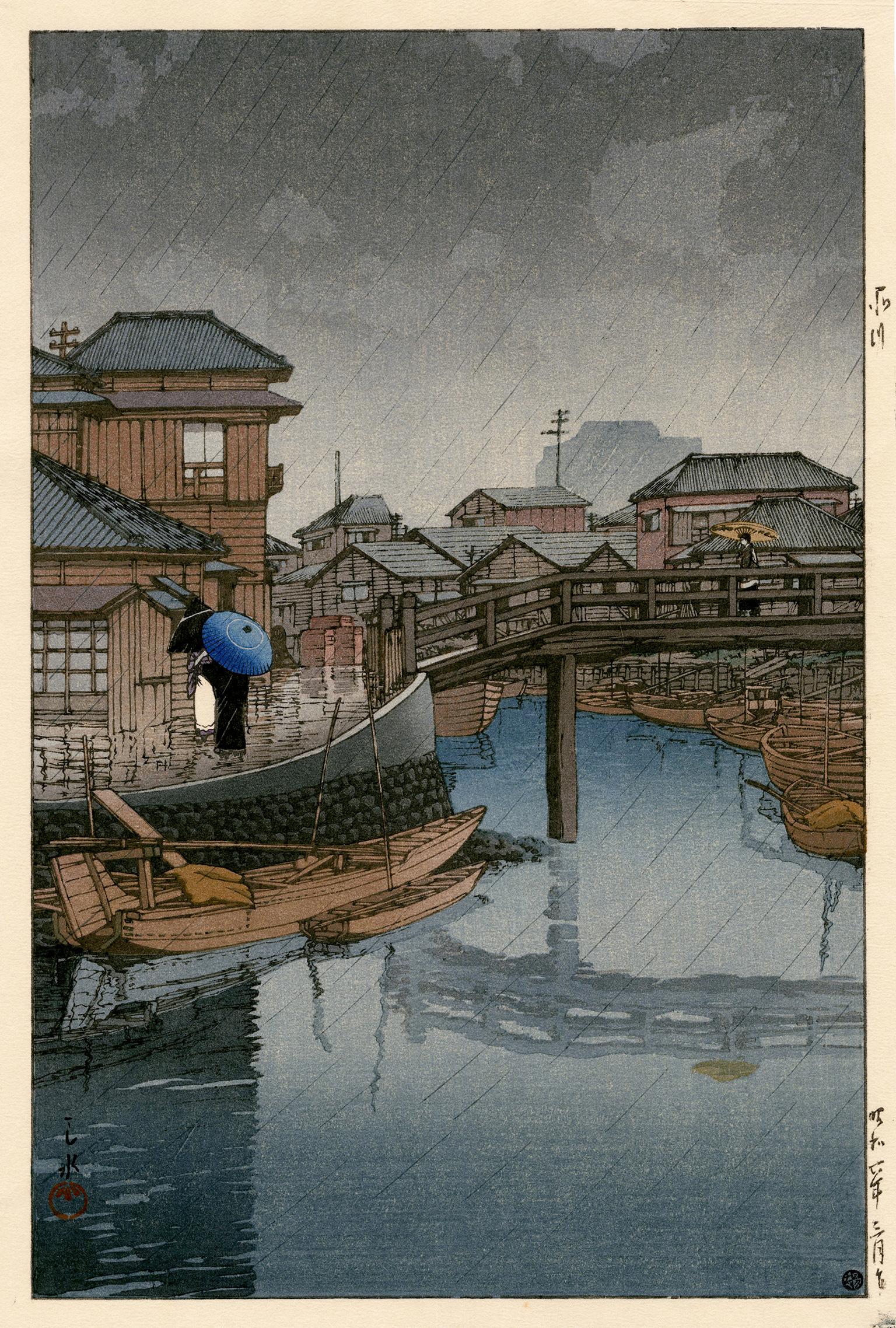 Kawase Hasui Figurative Print - 'Rain at Shinagawa, Ryoshimachi' — lifetime impression