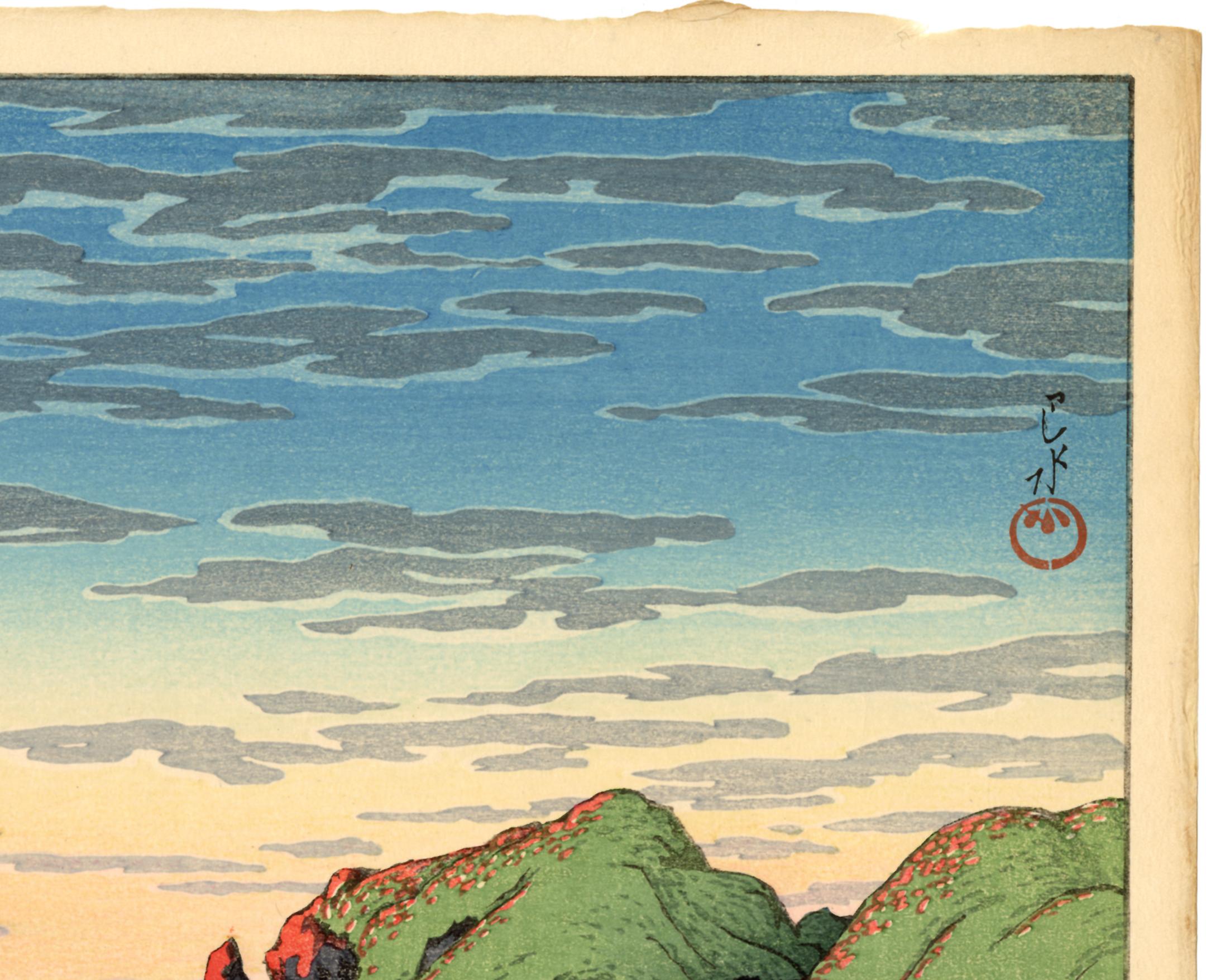 L'île de Ryûga, péninsule de l'Oga - Gris Landscape Print par Kawase Hasui