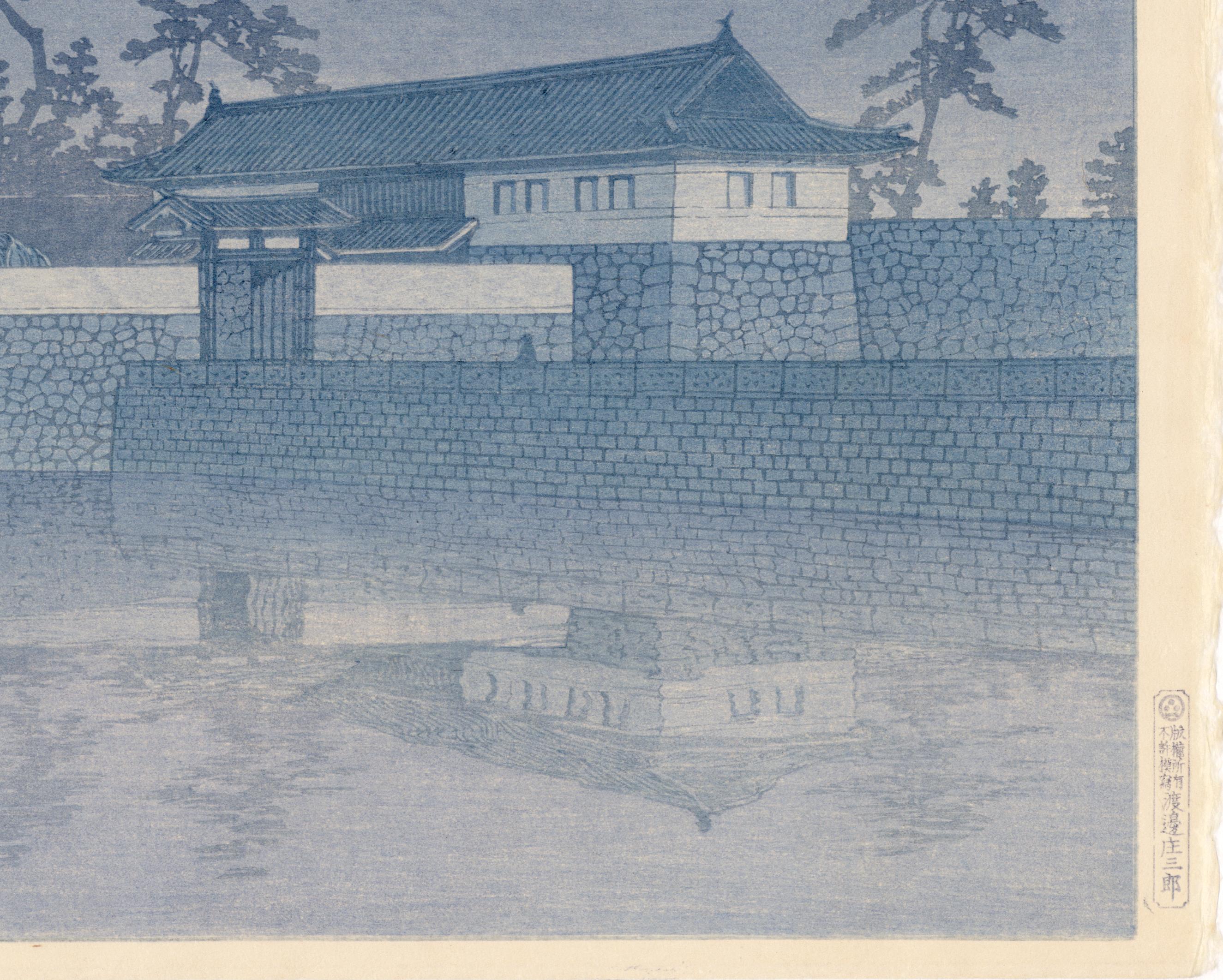 Sakurada Gate in Tokyo; Rare Blue Version - Gray Landscape Print by Kawase Hasui
